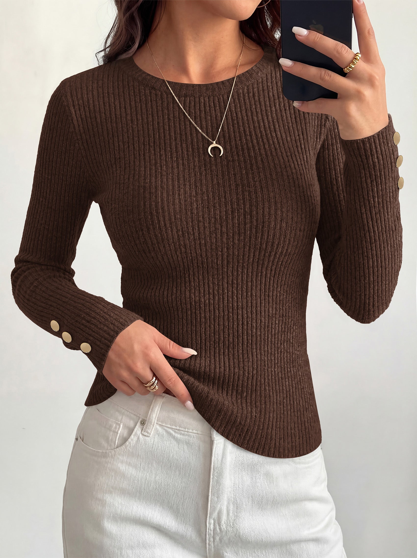 MASCOMODA Fall Long Sleeve Shirts for Women Dressy Crewneck Ribbed Knit Work Tops with Button Cuffs Business Casual Outfits