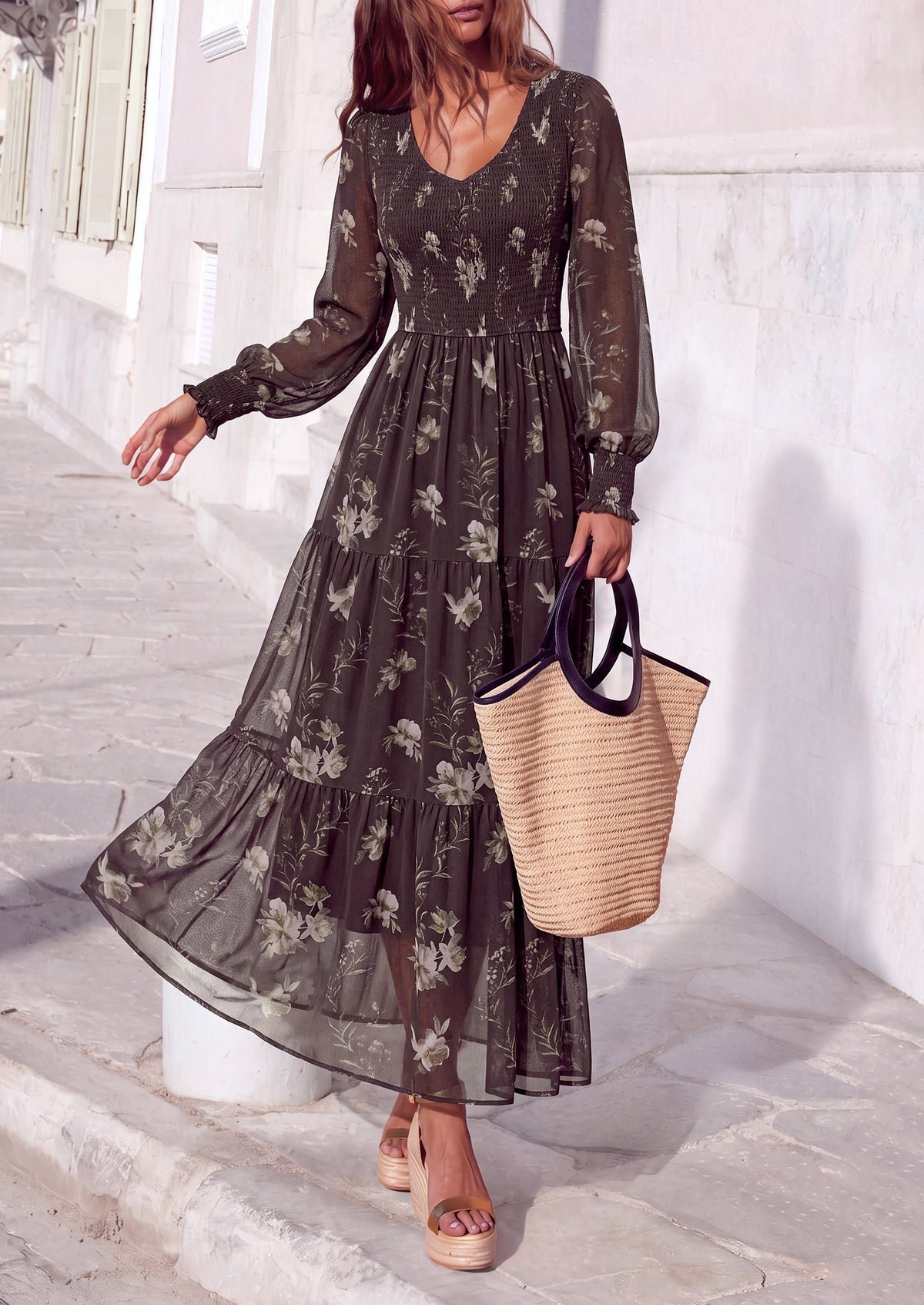 MASCOMODA Womens Flroal Long Sleeve Dress Boho A Line Fall Maxi Dresses Sheer Lantern Sleeve, Lined & Pockets, Smocked Front Back, High Waisted Flowy Long Dress, Tiered Fall Wedding Guest Dresses