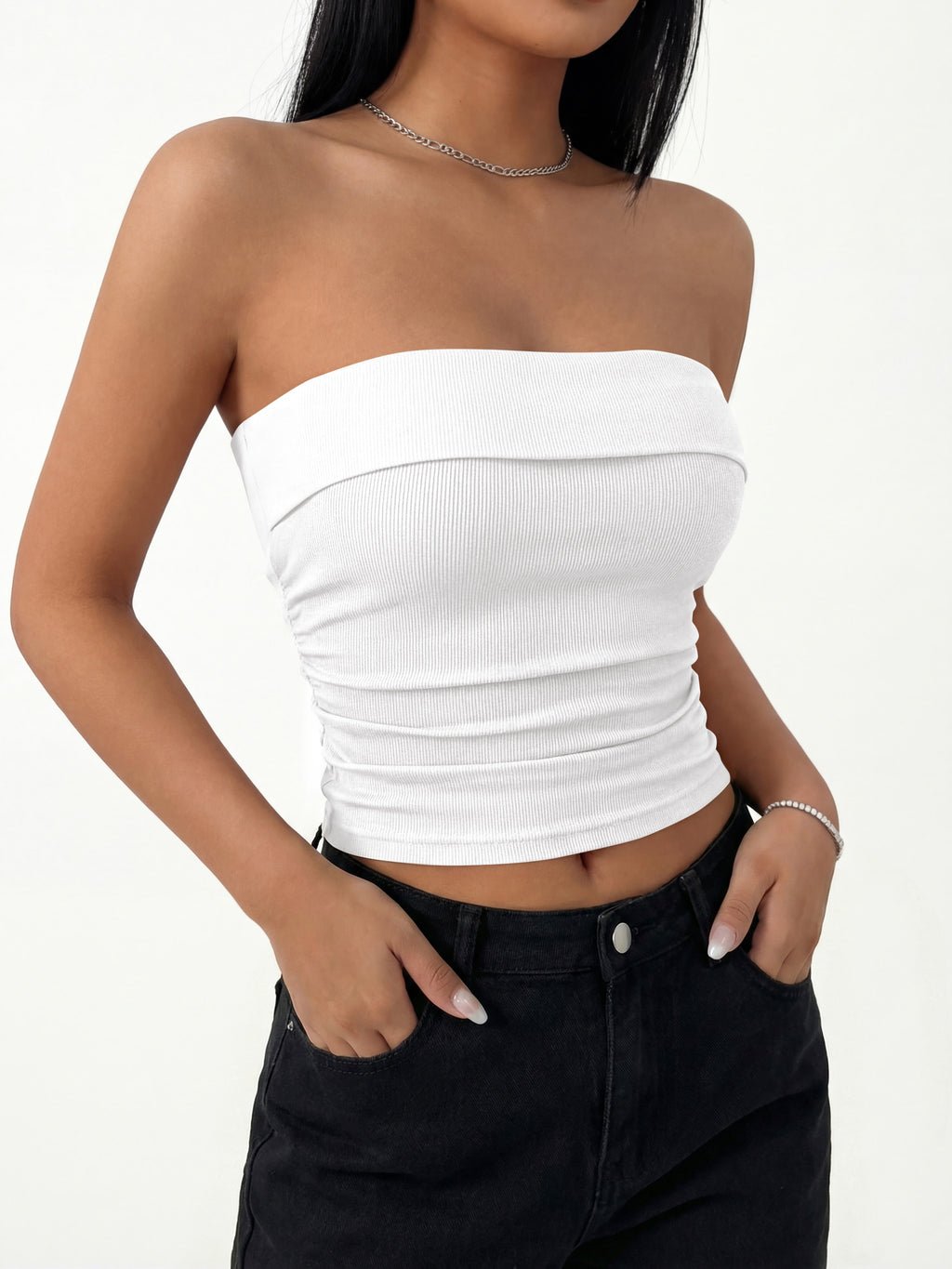 MASCOMODA Womens Fashion 2026 Summer Tube Top Strapless Bandeau Ruched Basic Backless Sleeveless Going Out Tops Y2k Clothes