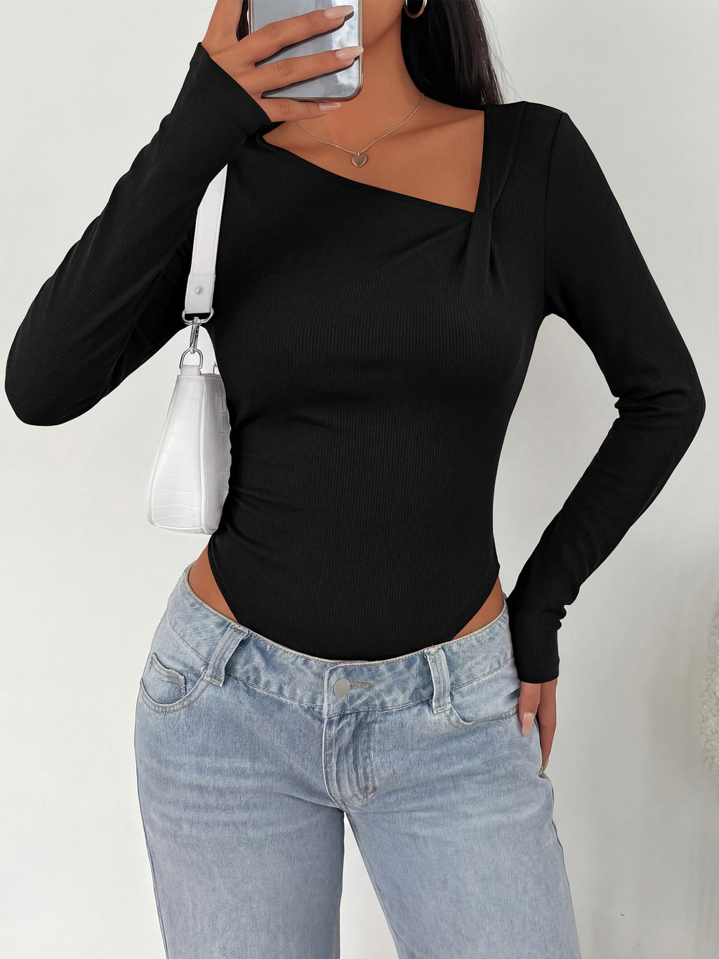 MASCOMODA Womens Fall Long Sleeve Bodysuit Fitted Tops | Asymmetrical Neck Slim Fit Body Suits, Front Ruched Casual Bodysuits, Basic Tee Shirts, Trendy Going Out Tops, Y2K Clothes