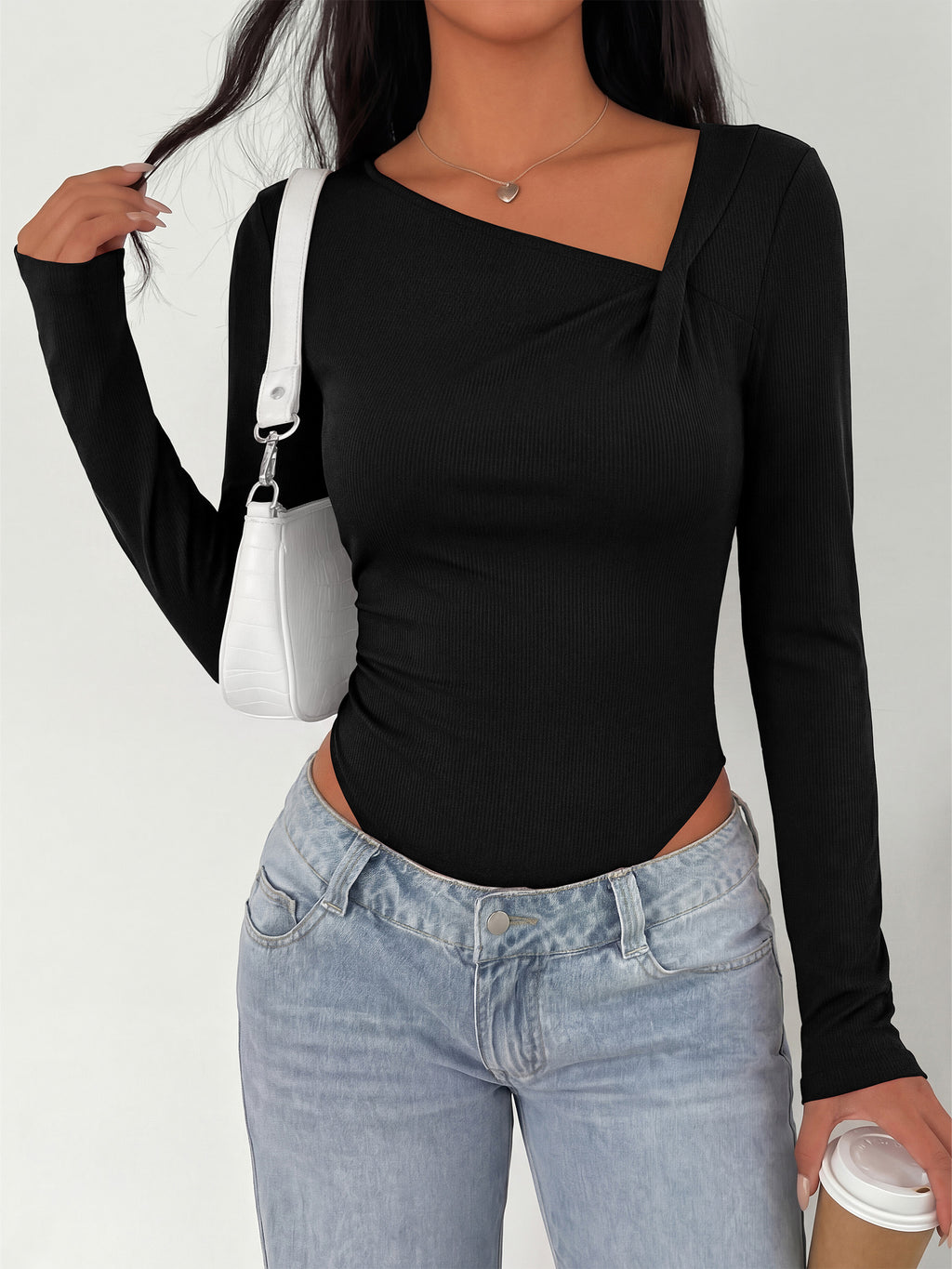 MASCOMODA Womens Fall Long Sleeve Bodysuit Fitted Tops | Asymmetrical Neck Slim Fit Body Suits, Front Ruched Casual Bodysuits, Basic Tee Shirts, Trendy Going Out Tops, Y2K Clothes