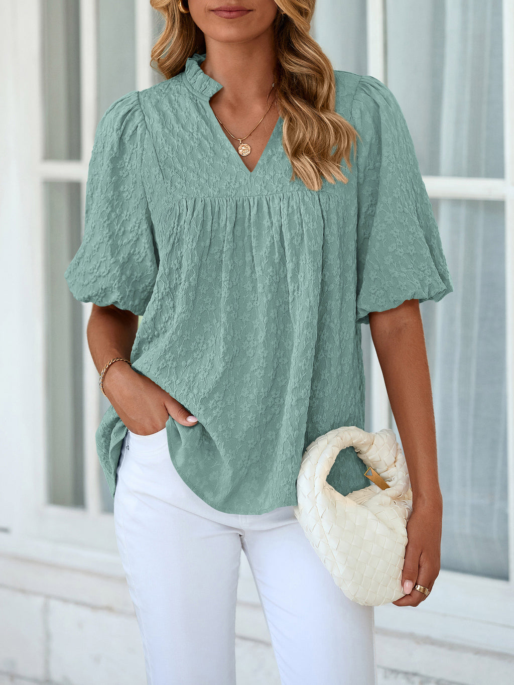 MASCOMODA Womens Summer Tops 2026 Ruffle V Neck Blouses Loose Puff Short Sleeve Jacquard Babydoll Tops Casual Dressy T-Shirts