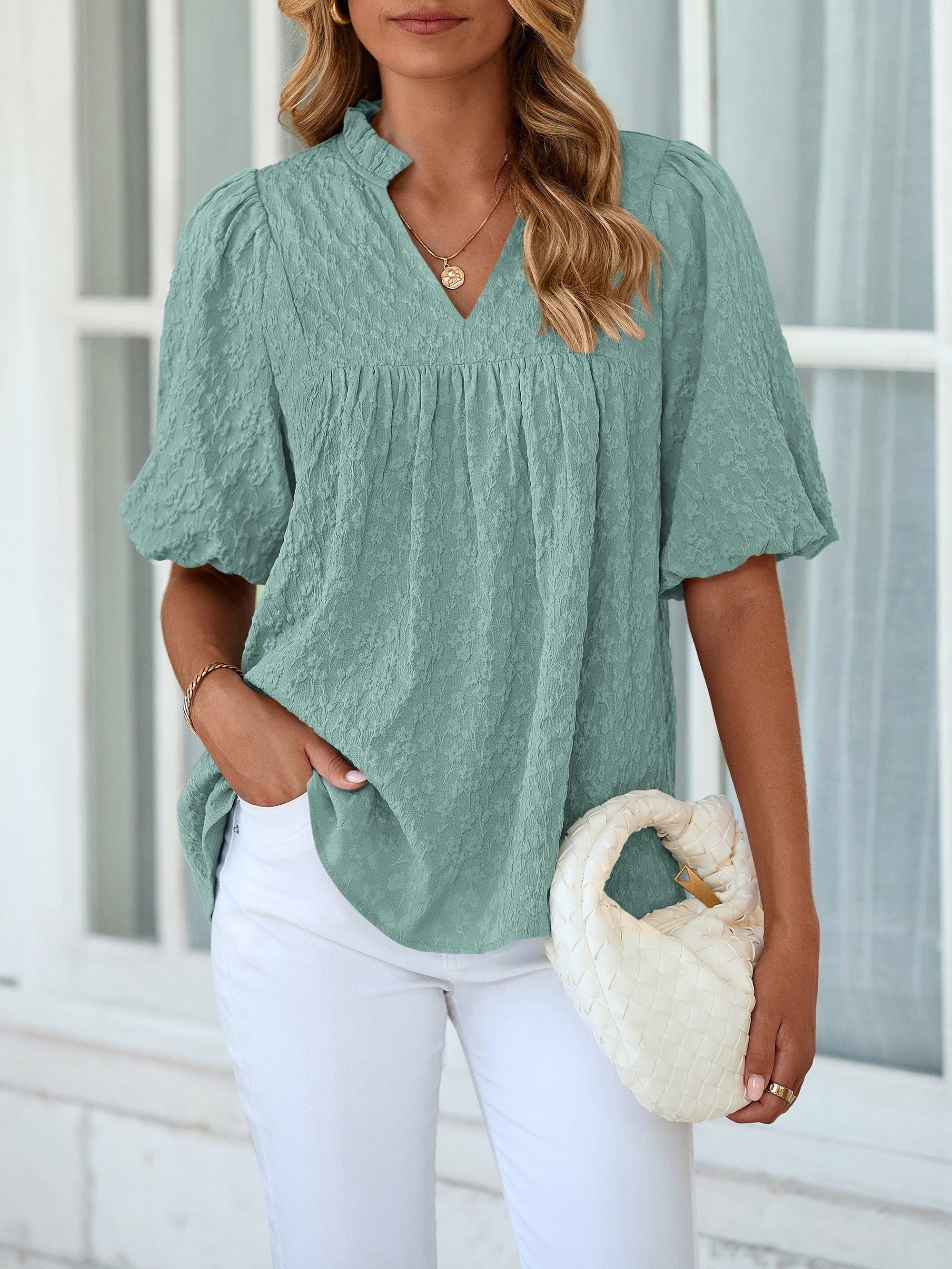 MASCOMODA Womens Summer Tops 2026 Ruffle V Neck Blouses Loose Puff Short Sleeve Jacquard Babydoll Tops Casual Dressy T-Shirts