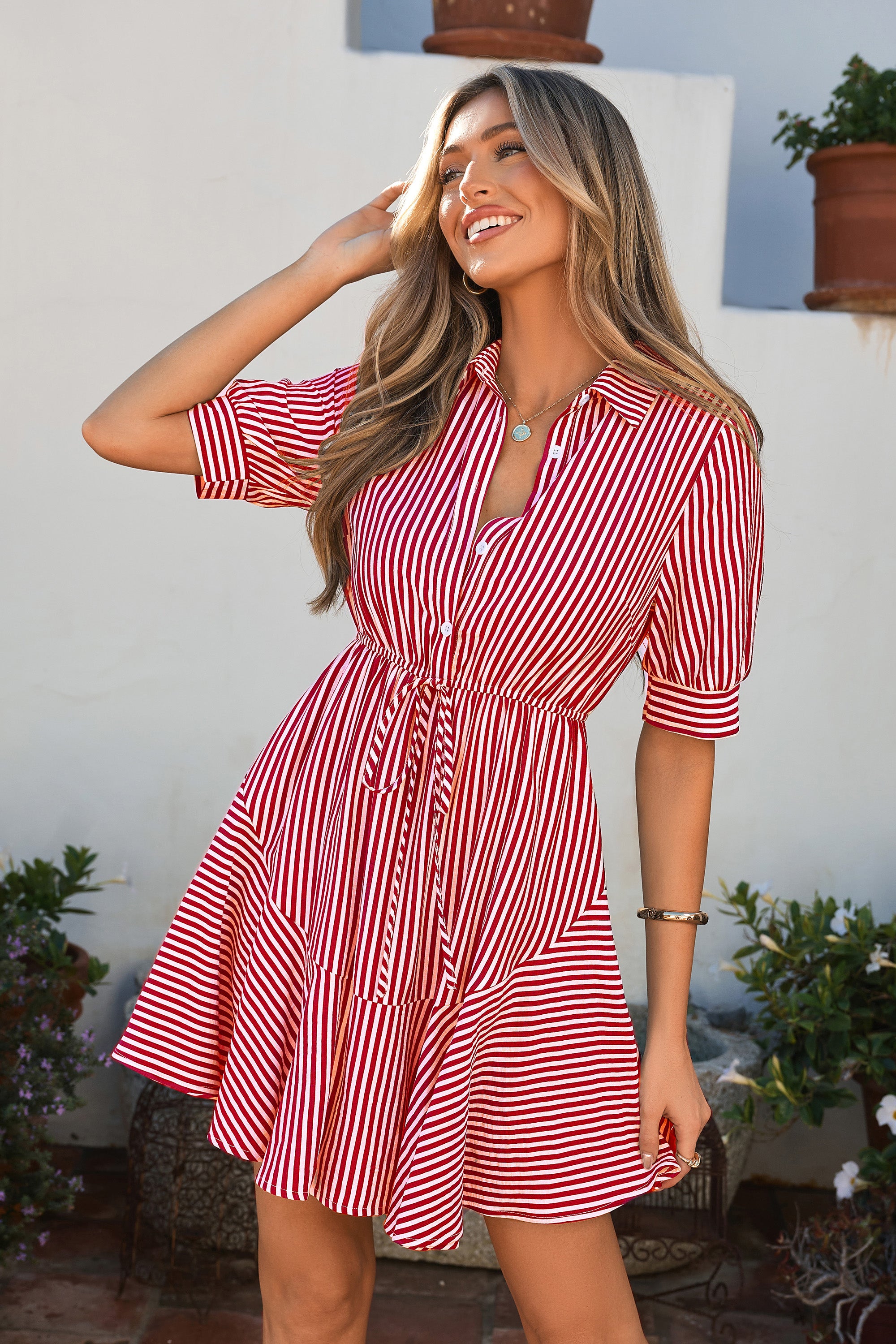MASCOMODA Womens Striped Summer Short Sleeve Mini Dress Casual V Neck Button Down Flowy A Line Tie Waist Shirt Dresses