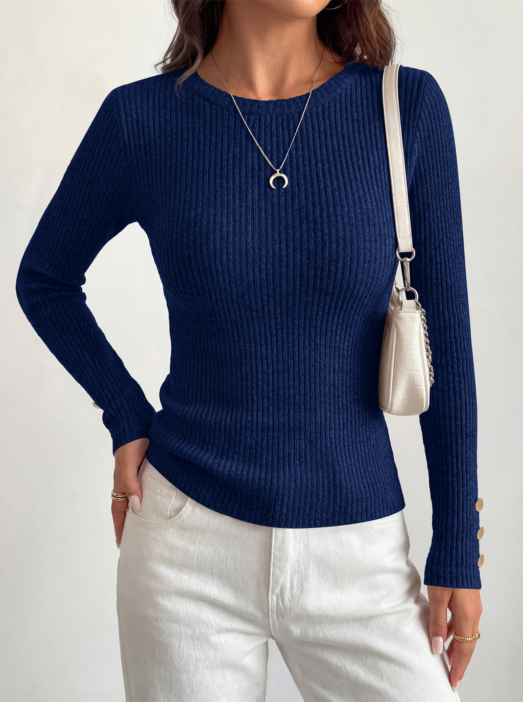MASCOMODA Fall Long Sleeve Shirts for Women Dressy Crewneck Ribbed Knit Work Tops with Button Cuffs Business Casual Outfits
