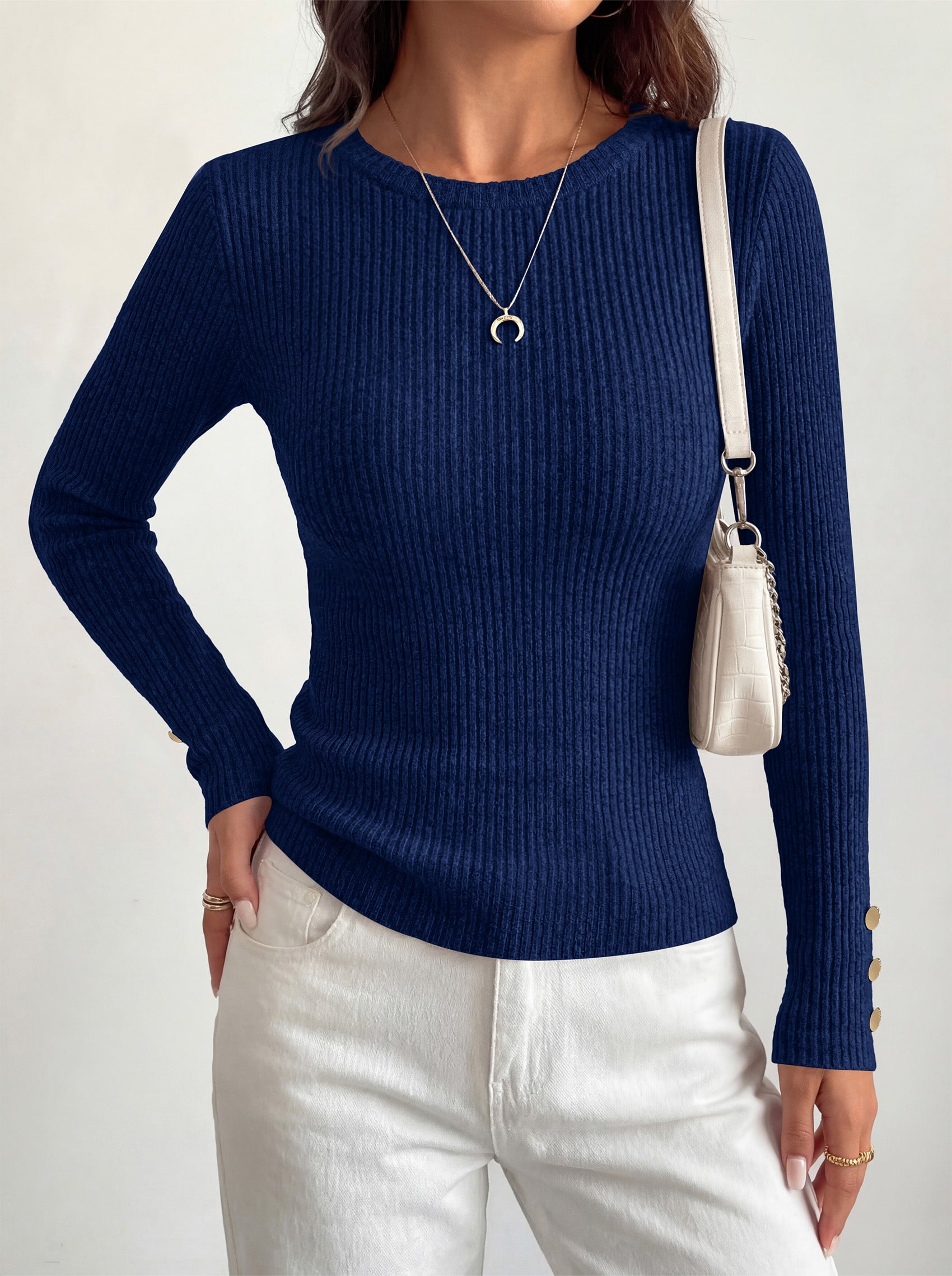 MASCOMODA Fall Long Sleeve Shirts for Women Dressy Crewneck Ribbed Knit Work Tops with Button Cuffs Business Casual Outfits