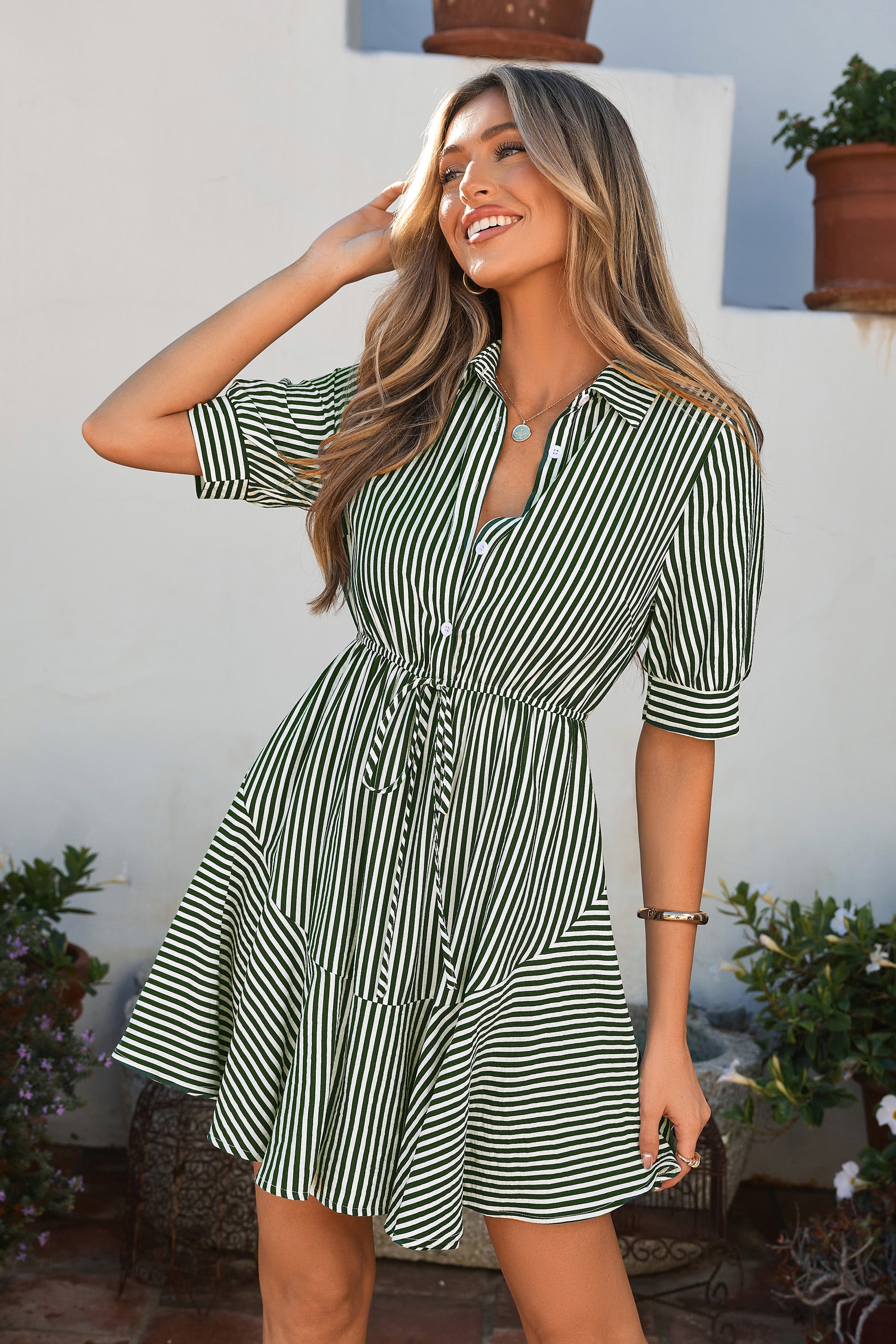 MASCOMODA Womens Striped Summer Short Sleeve Mini Dress Casual V Neck Button Down Flowy A Line Tie Waist Shirt Dresses