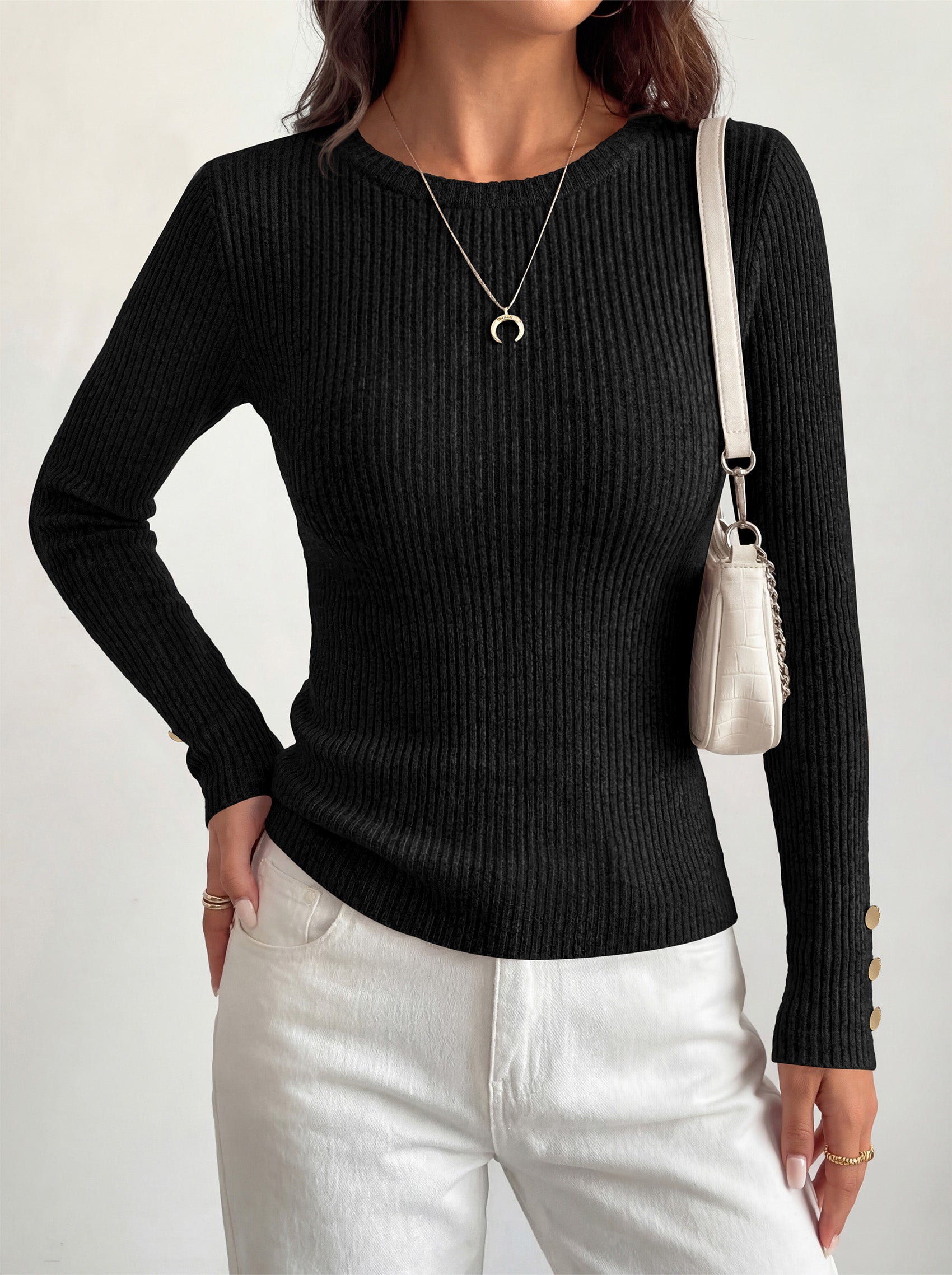 MASCOMODA Fall Long Sleeve Shirts for Women Dressy Crewneck Ribbed Knit Work Tops with Button Cuffs Business Casual Outfits