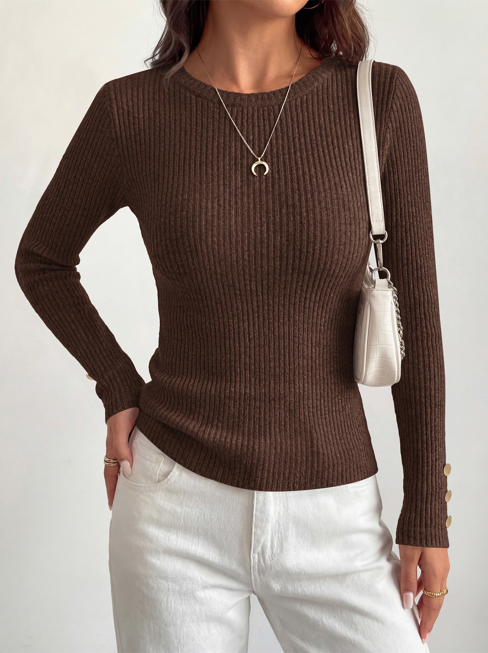 MASCOMODA Fall Long Sleeve Shirts for Women Dressy Crewneck Ribbed Knit Work Tops with Button Cuffs Business Casual Outfits
