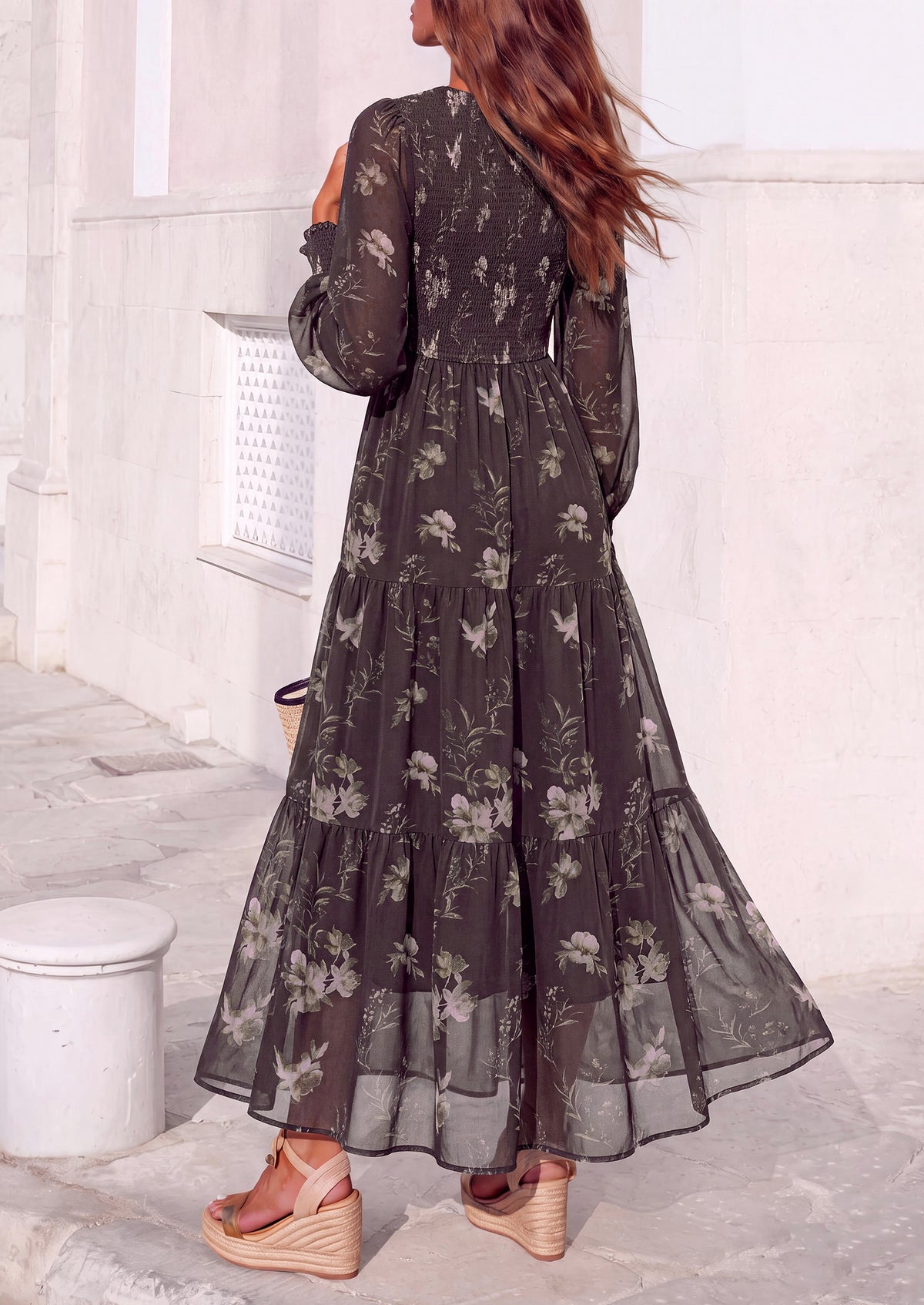 MASCOMODA Womens Flroal Long Sleeve Dress Boho A Line Fall Maxi Dresses Sheer Lantern Sleeve, Lined & Pockets, Smocked Front Back, High Waisted Flowy Long Dress, Tiered Fall Wedding Guest Dresses