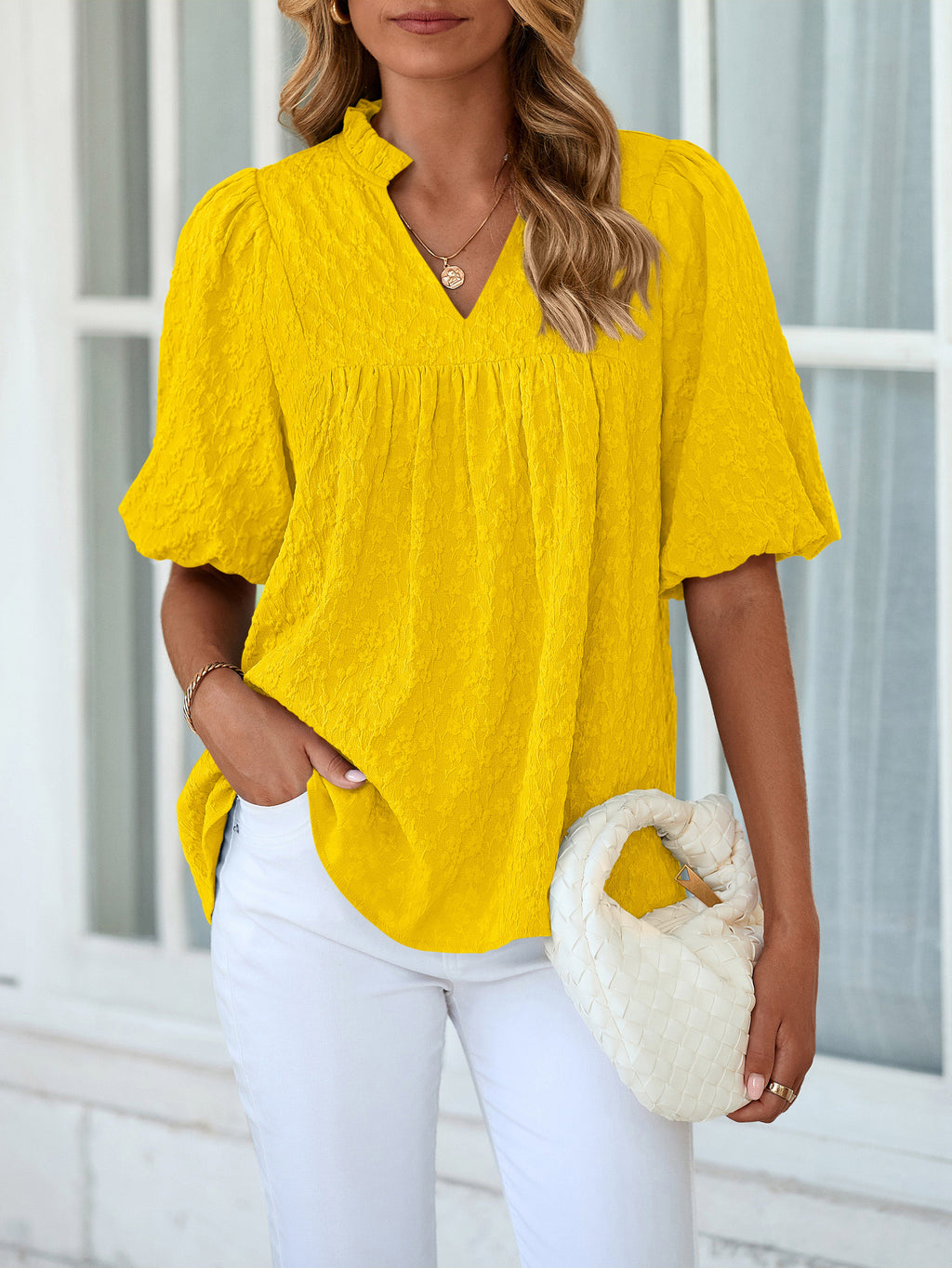 MASCOMODA Womens Summer Tops 2026 Ruffle V Neck Blouses Loose Puff Short Sleeve Jacquard Babydoll Tops Casual Dressy T-Shirts