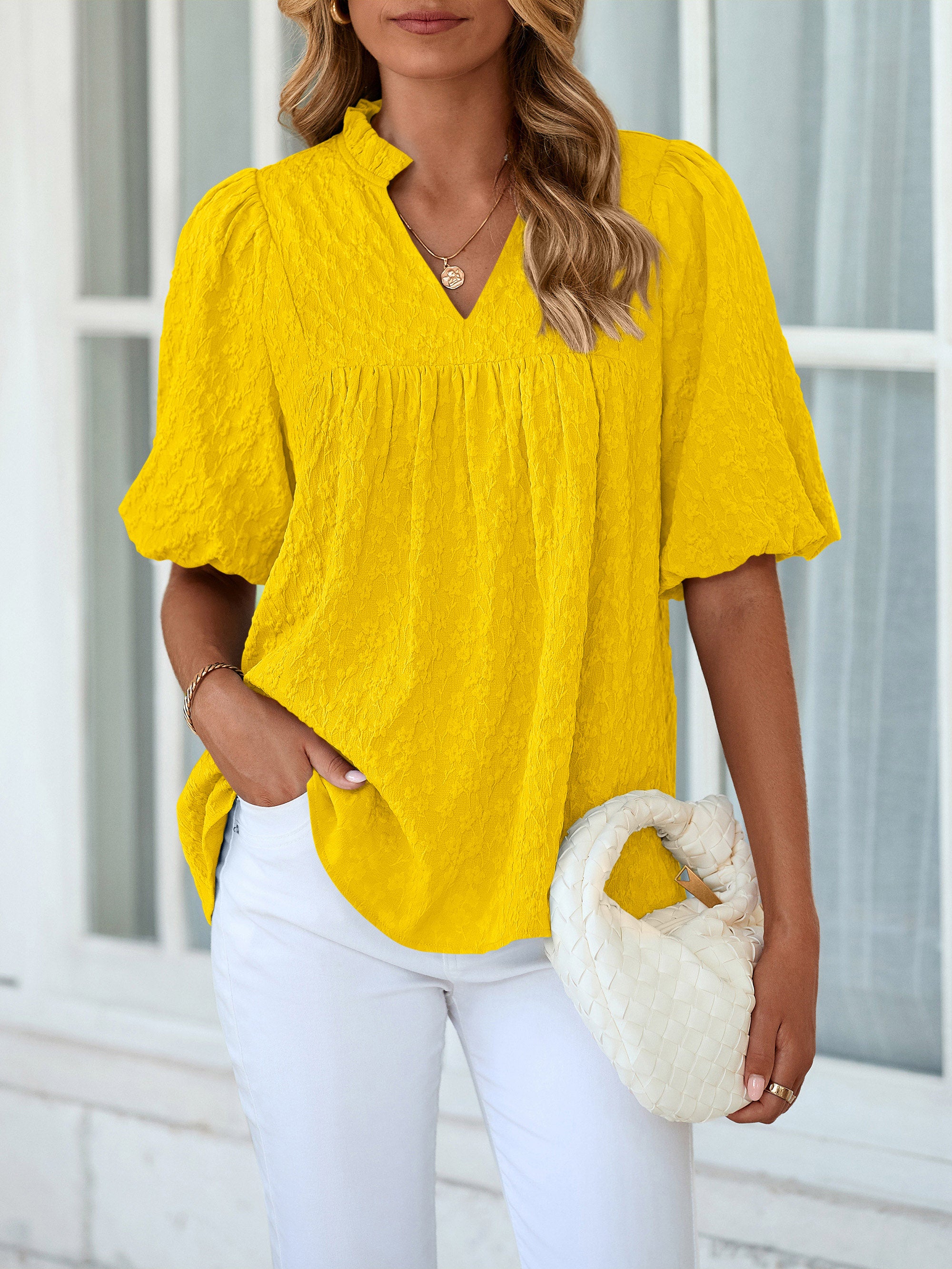 MASCOMODA Womens Summer Tops 2026 Ruffle V Neck Blouses Loose Puff Short Sleeve Jacquard Babydoll Tops Casual Dressy T-Shirts