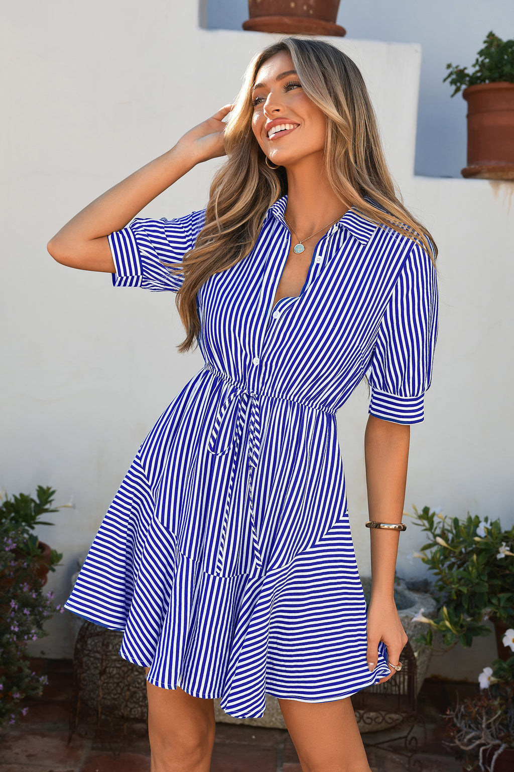 MASCOMODA Womens Striped Summer Short Sleeve Mini Dress Casual V Neck Button Down Flowy A Line Tie Waist Shirt Dresses