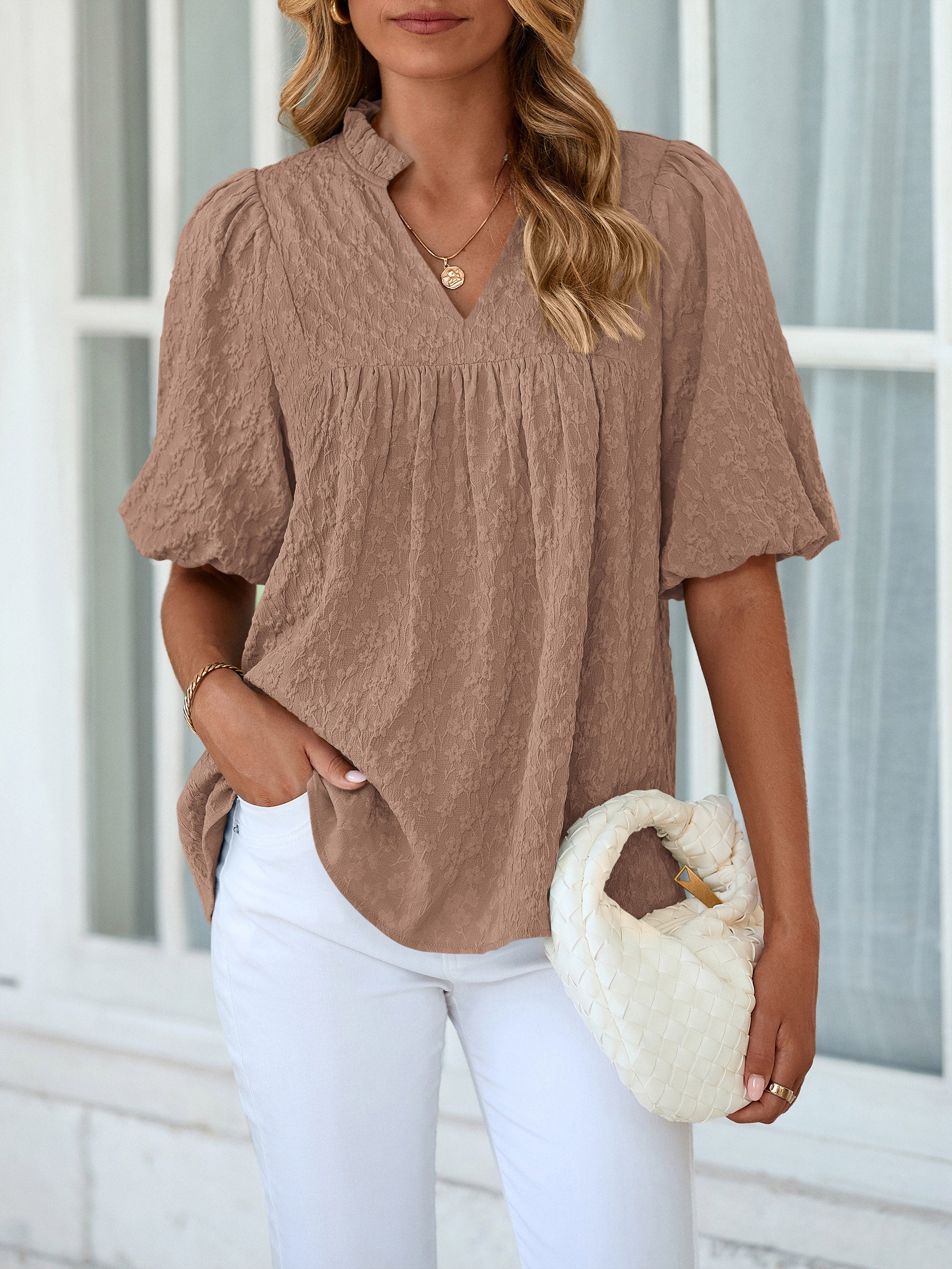 MASCOMODA Womens Summer Tops 2026 Ruffle V Neck Blouses Loose Puff Short Sleeve Jacquard Babydoll Tops Casual Dressy T-Shirts