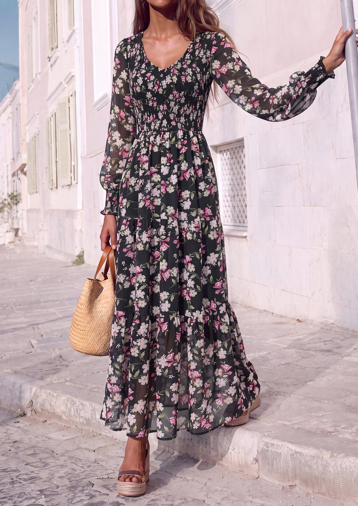 MASCOMODA Womens Flroal Long Sleeve Dress Boho A Line Fall Maxi Dresses Sheer Lantern Sleeve, Lined & Pockets, Smocked Front Back, High Waisted Flowy Long Dress, Tiered Fall Wedding Guest Dresses