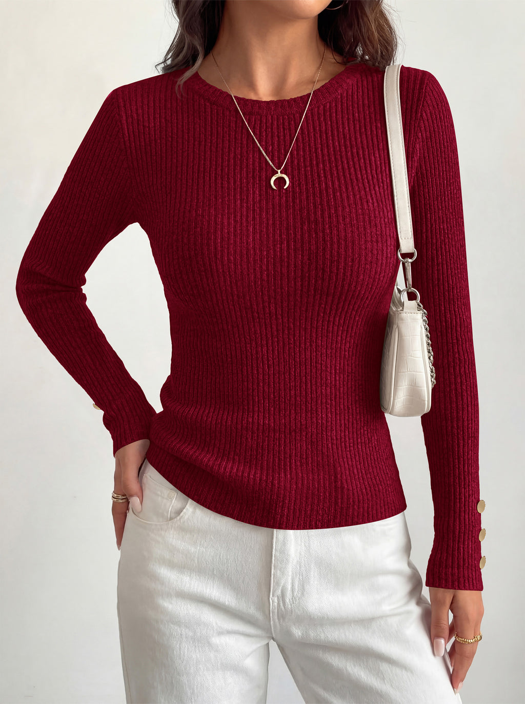 MASCOMODA Fall Long Sleeve Shirts for Women Dressy Crewneck Ribbed Knit Work Tops with Button Cuffs Business Casual Outfits