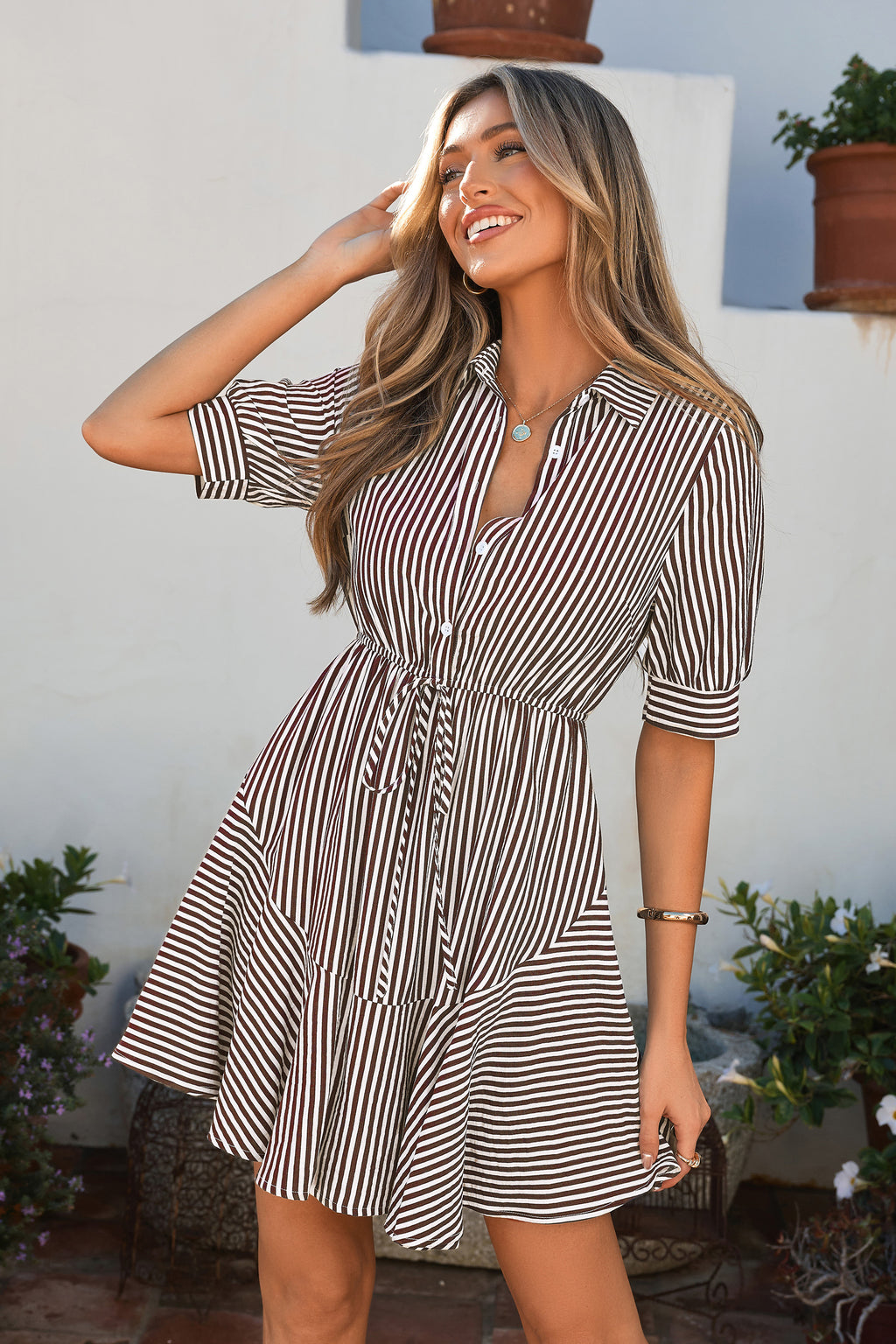 MASCOMODA Womens Striped Summer Short Sleeve Mini Dress Casual V Neck Button Down Flowy A Line Tie Waist Shirt Dresses