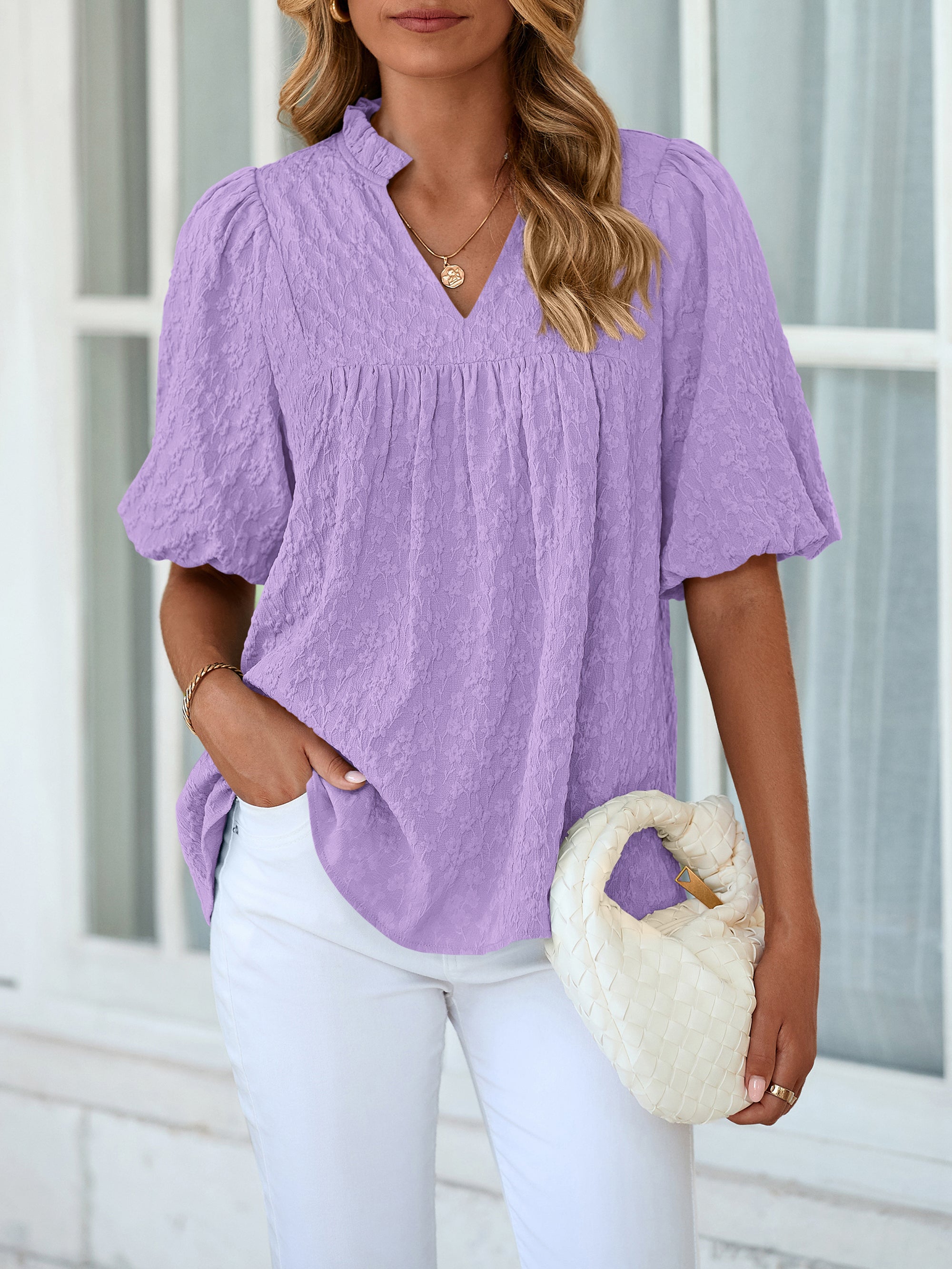 MASCOMODA Womens Summer Tops 2026 Ruffle V Neck Blouses Loose Puff Short Sleeve Jacquard Babydoll Tops Casual Dressy T-Shirts