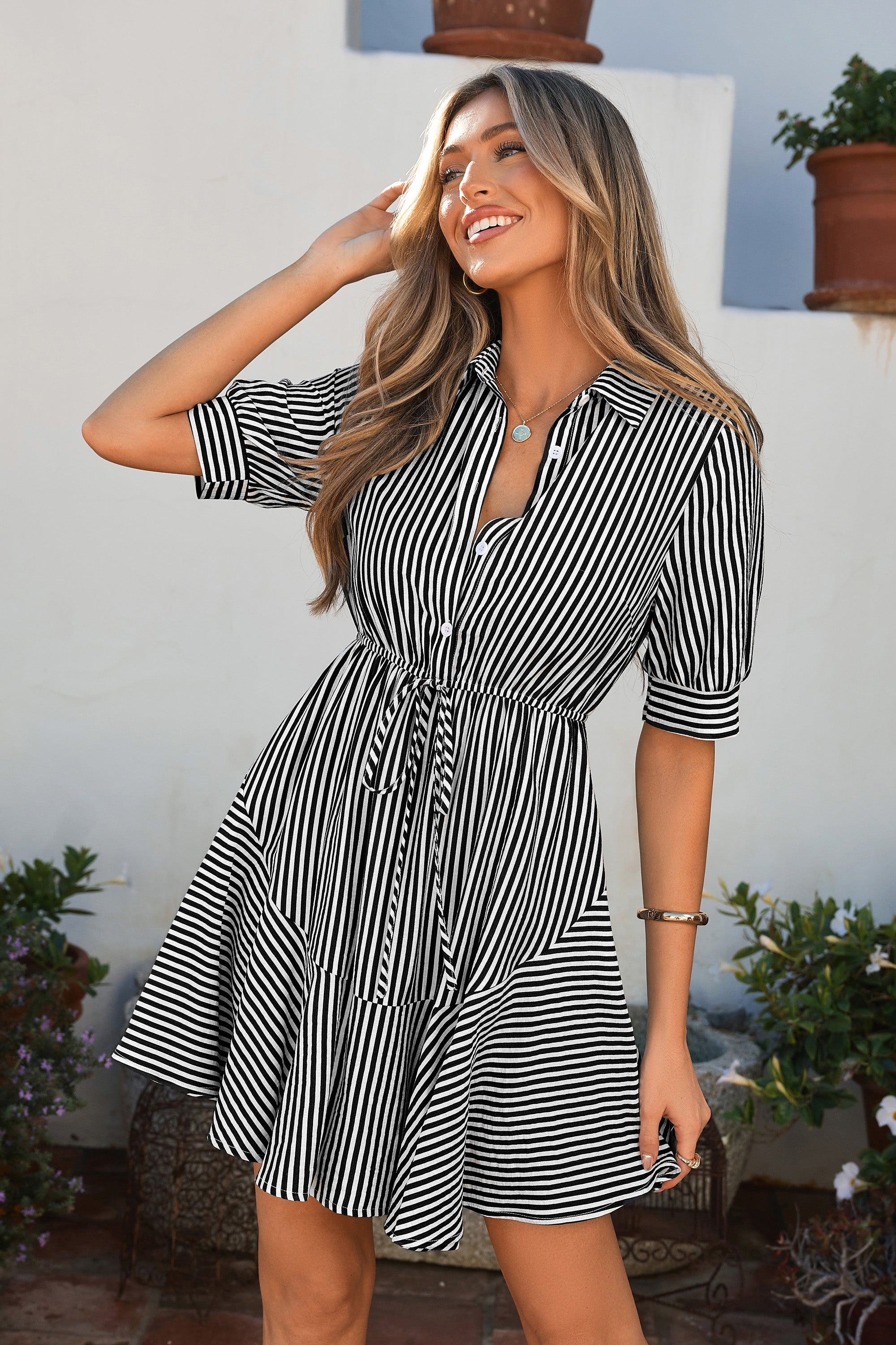 MASCOMODA Womens Striped Summer Short Sleeve Mini Dress Casual V Neck Button Down Flowy A Line Tie Waist Shirt Dresses
