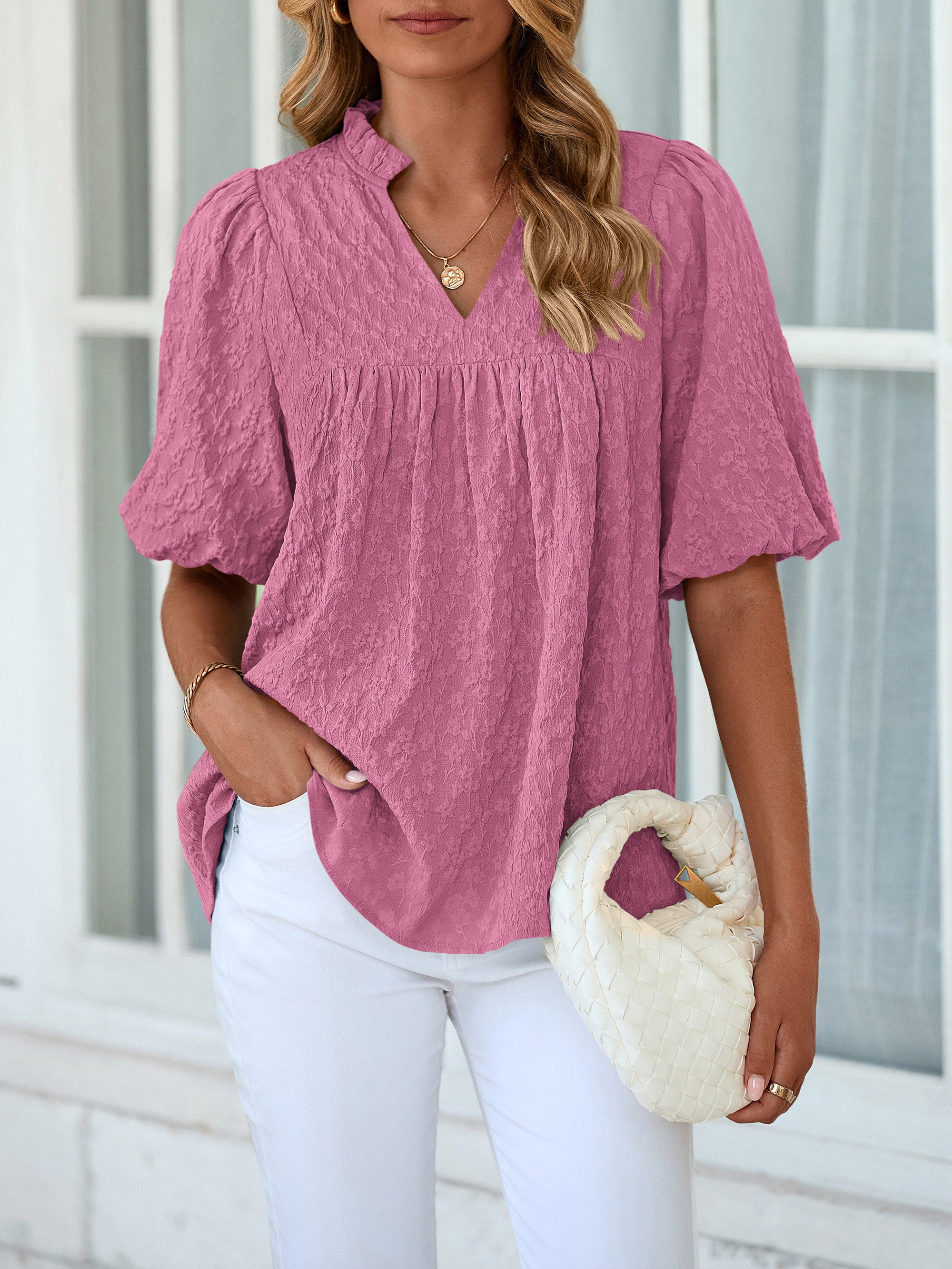 MASCOMODA Womens Summer Tops 2026 Ruffle V Neck Blouses Loose Puff Short Sleeve Jacquard Babydoll Tops Casual Dressy T-Shirts