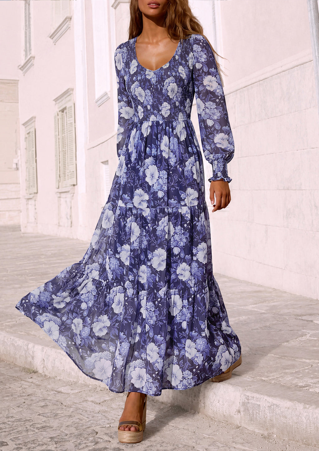 MASCOMODA Womens Flroal Long Sleeve Dress Boho A Line Fall Maxi Dresses Sheer Lantern Sleeve, Lined & Pockets, Smocked Front Back, High Waisted Flowy Long Dress, Tiered Fall Wedding Guest Dresses
