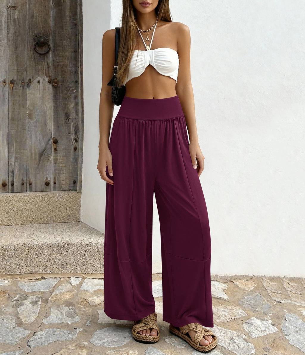 MASCOMODA Flowy Palazzo Pants for Women Casual High Smocked Waisted Boho Wide Leg Lounge Pant with Pockets Summer Clothes