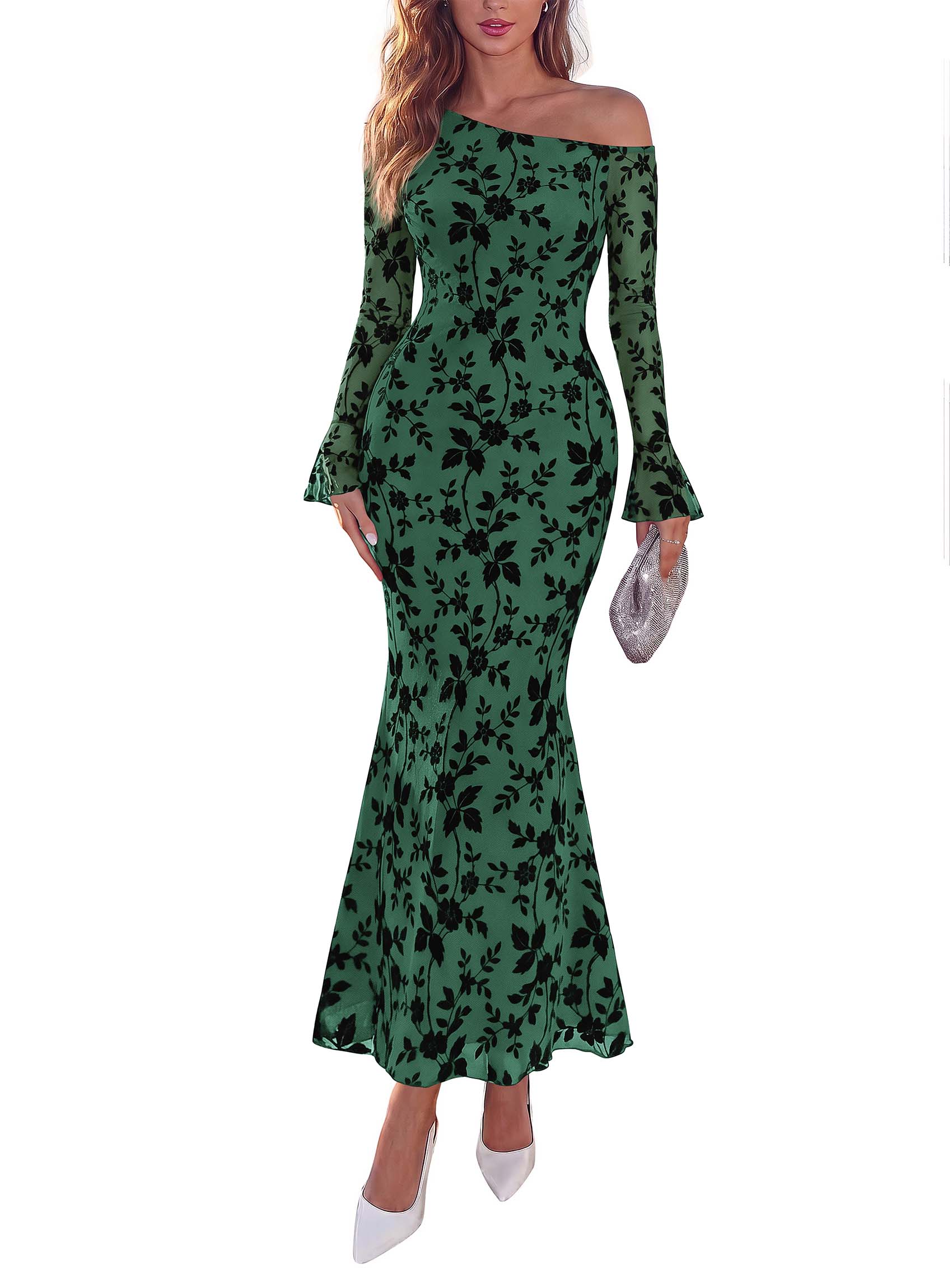 MASCOMODA Womens Off One Shoulder Long Sleeve Floral Mesh Maxi Dress Formal