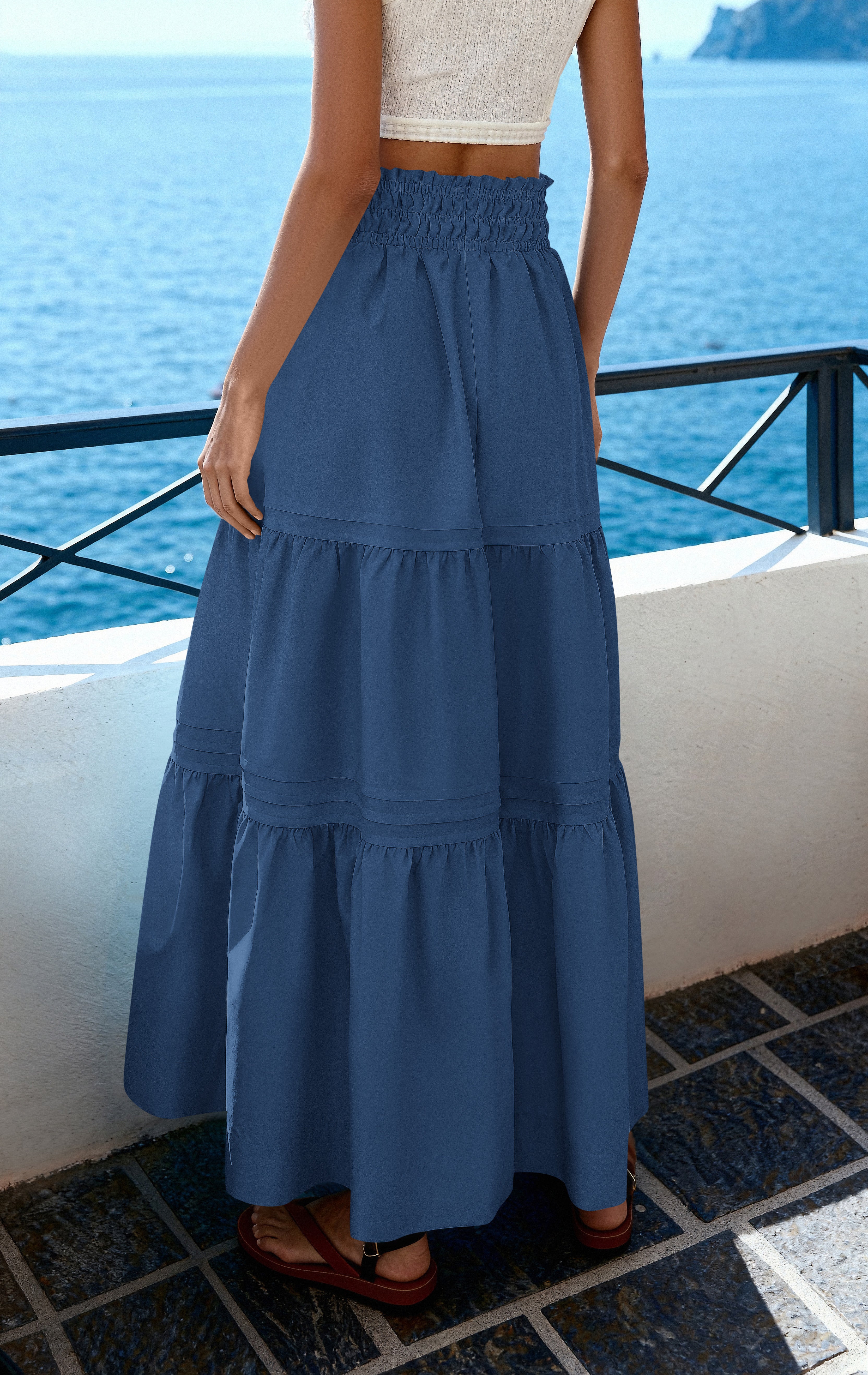 MASCOMODA Casual Long Skirts for Women A Line Boho Swing High Waisted Tiered Flowy Maxi Skirt Beach Summer Fashion 2025