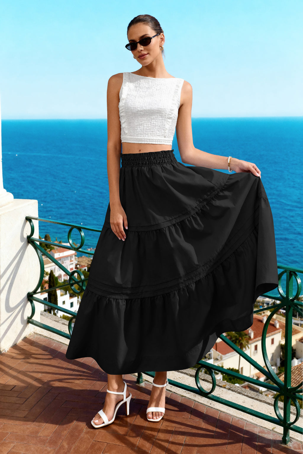 MASCOMODA Casual Long Skirts for Women A Line Boho Swing High Waisted Tiered Flowy Maxi Skirt Beach Summer Fashion 2025