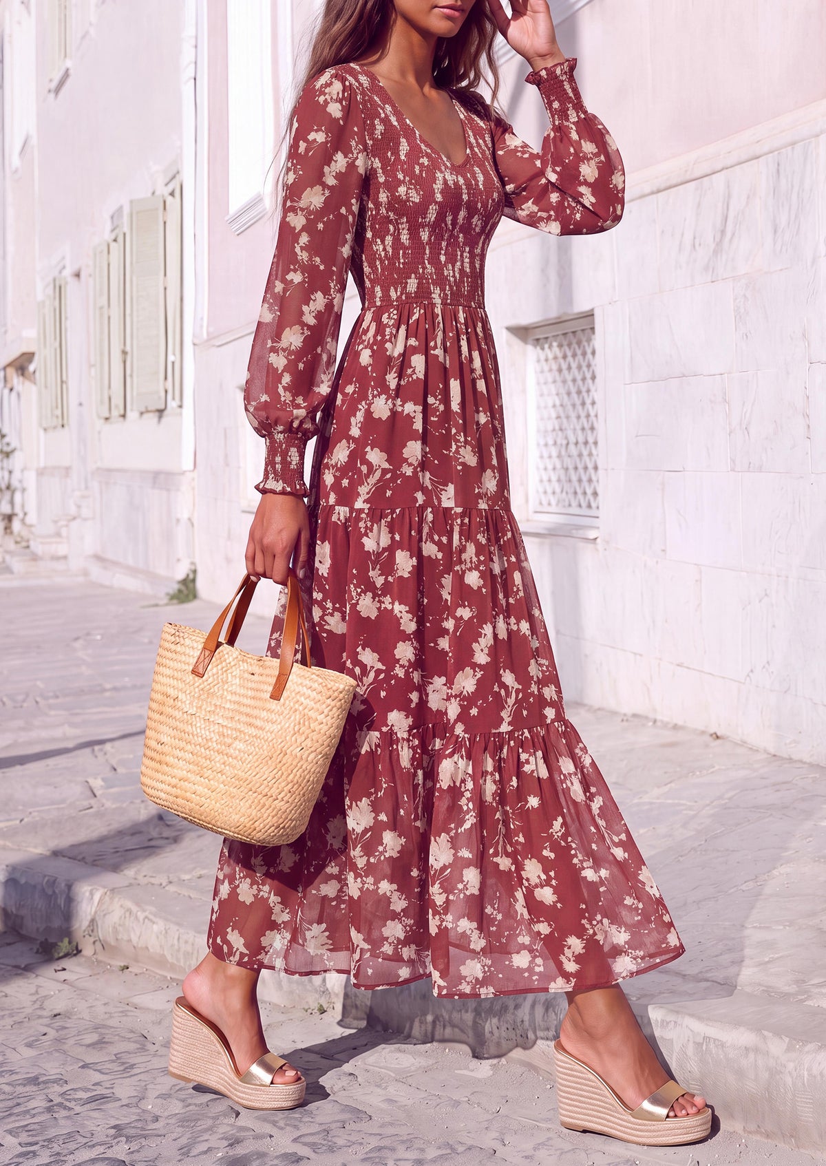 MASCOMODA Womens Flroal Long Sleeve Dress Boho A Line Fall Maxi Dresses Sheer Lantern Sleeve, Lined & Pockets, Smocked Front Back, High Waisted Flowy Long Dress, Tiered Fall Wedding Guest Dresses