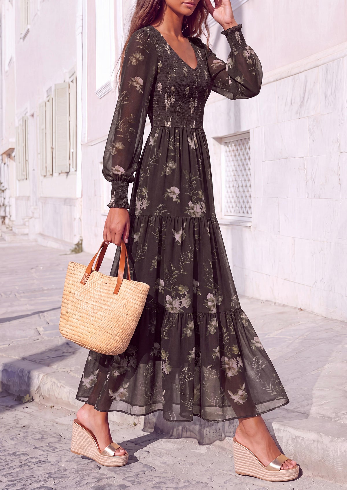 MASCOMODA Womens Flroal Long Sleeve Dress Boho A Line Fall Maxi Dresses Sheer Lantern Sleeve, Lined & Pockets, Smocked Front Back, High Waisted Flowy Long Dress, Tiered Fall Wedding Guest Dresses