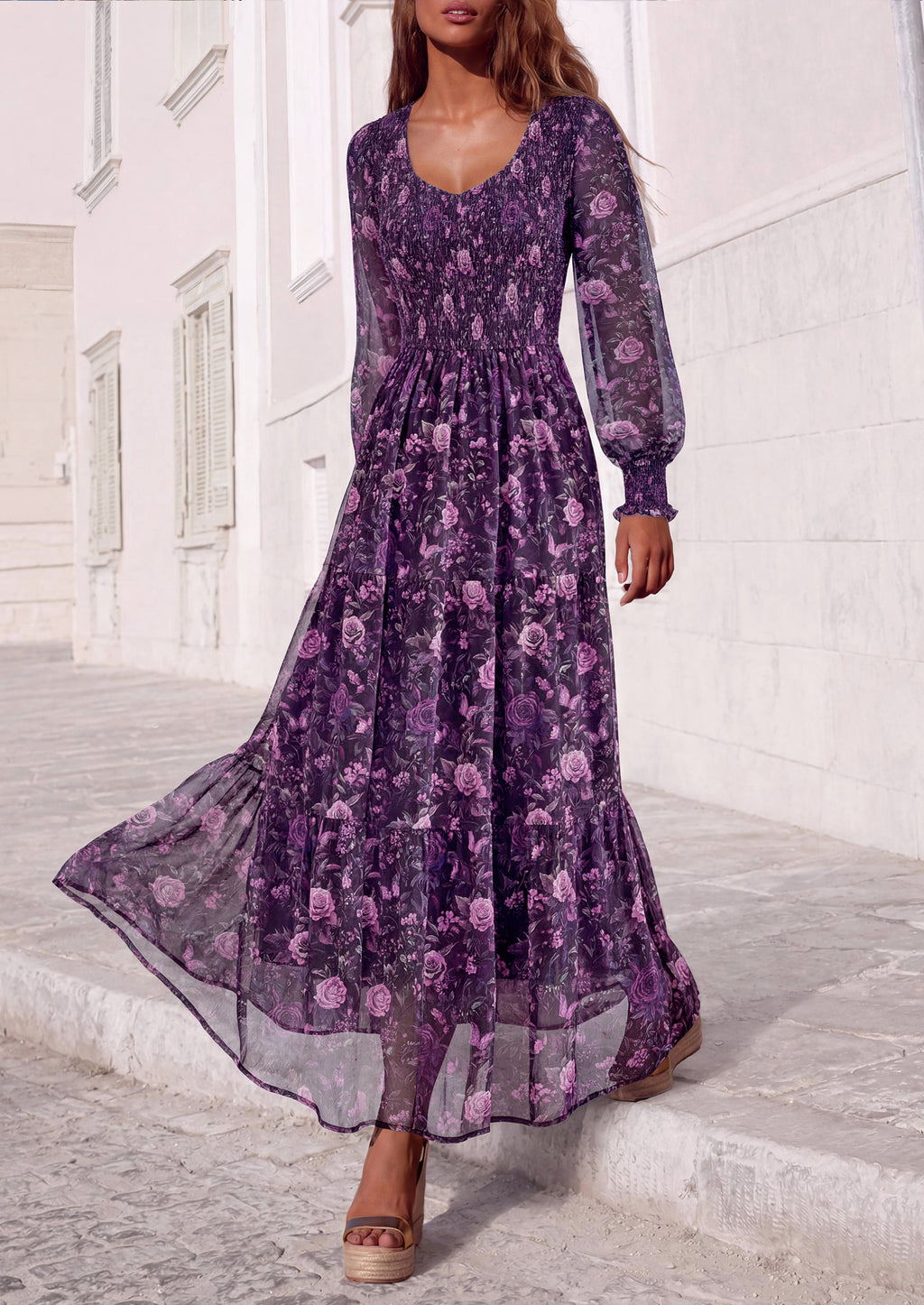 MASCOMODA Womens Flroal Long Sleeve Dress Boho A Line Fall Maxi Dresses Sheer Lantern Sleeve, Lined & Pockets, Smocked Front Back, High Waisted Flowy Long Dress, Tiered Fall Wedding Guest Dresses