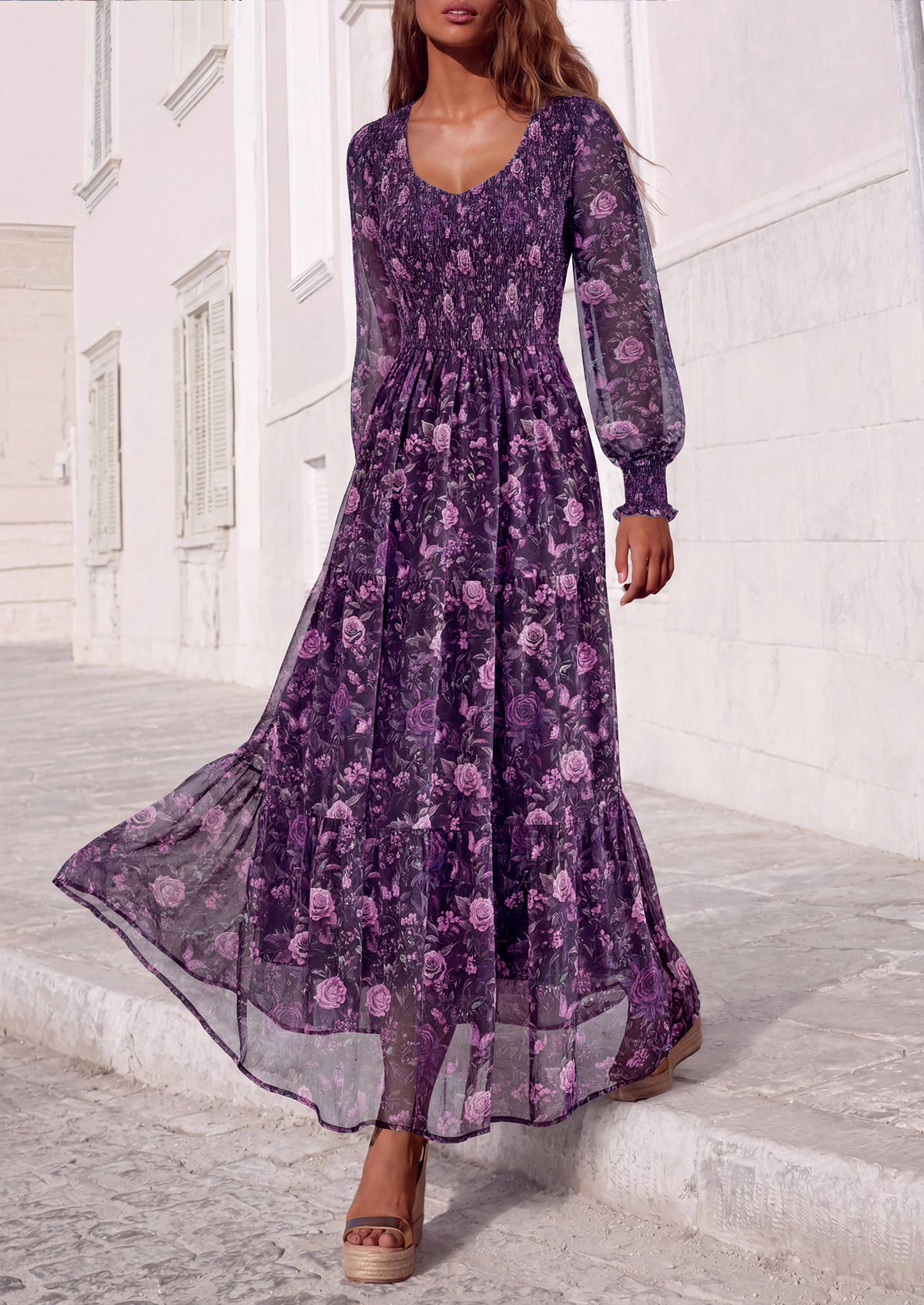 MASCOMODA Womens Flroal Long Sleeve Dress Boho A Line Fall Maxi Dresses Sheer Lantern Sleeve, Lined & Pockets, Smocked Front Back, High Waisted Flowy Long Dress, Tiered Fall Wedding Guest Dresses