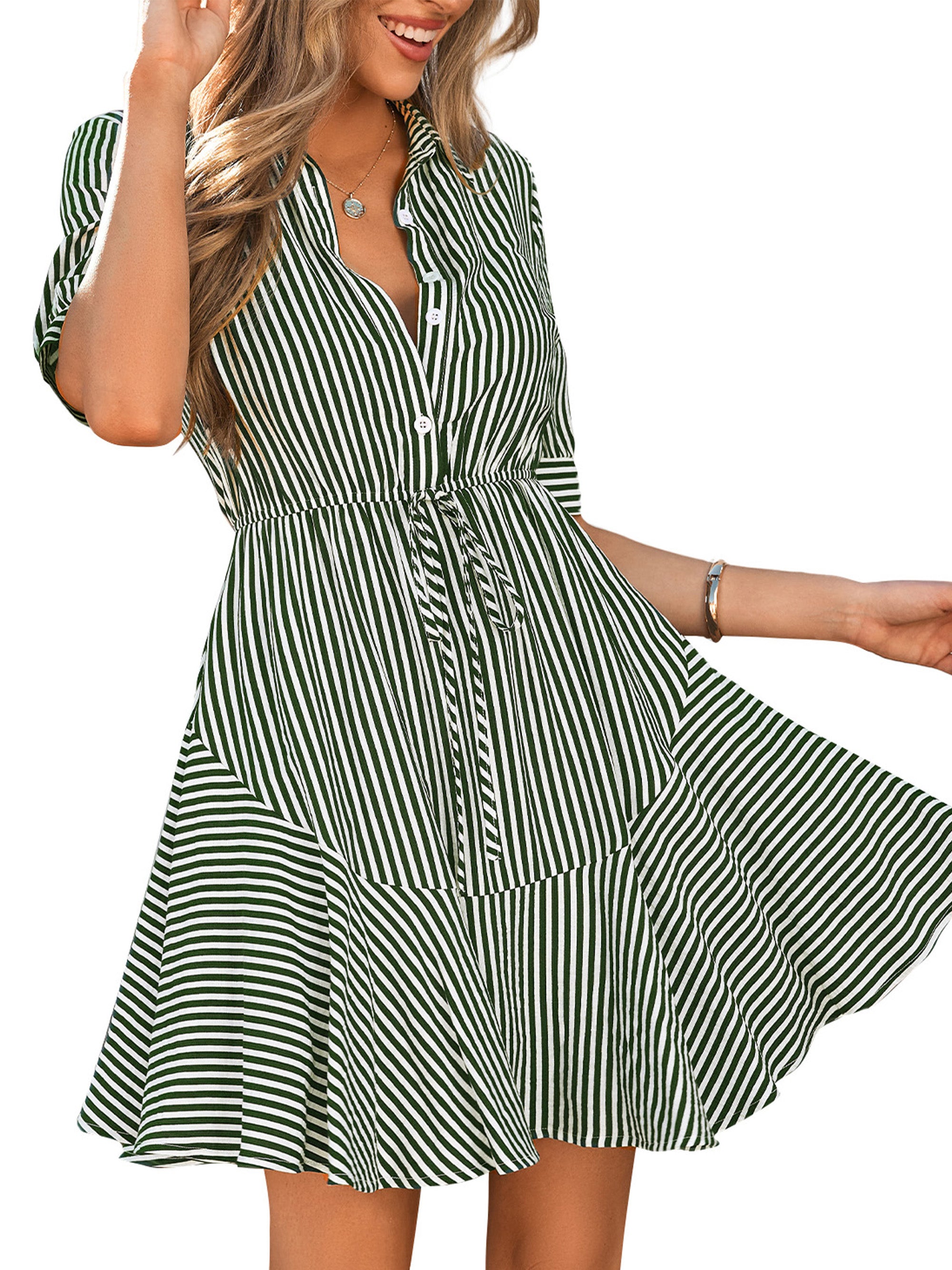 MASCOMODA Womens Striped Summer Short Sleeve Mini Dress Casual V Neck Button Down Flowy A Line Tie Waist Shirt Dresses