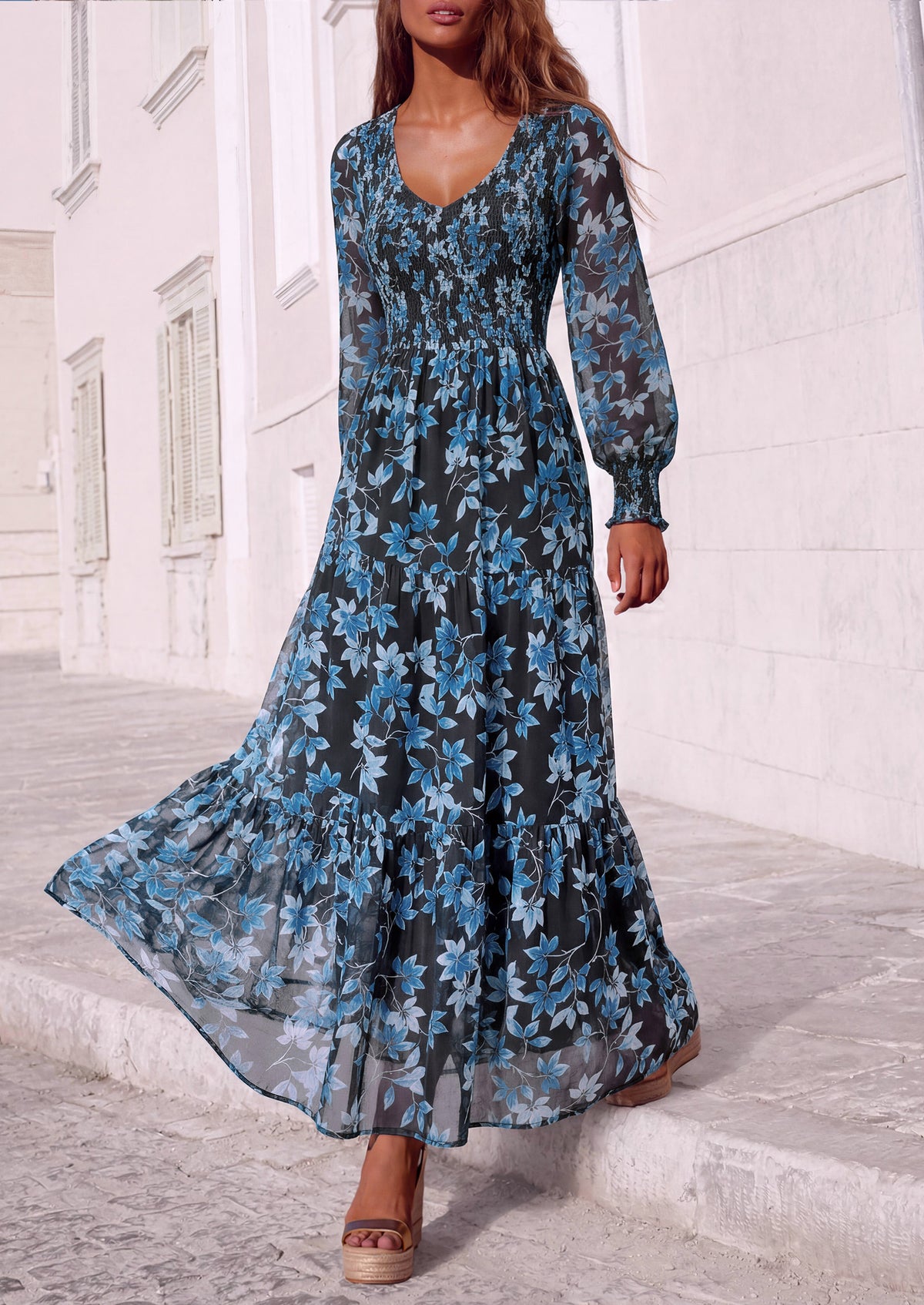 MASCOMODA Womens Flroal Long Sleeve Dress Boho A Line Fall Maxi Dresses Sheer Lantern Sleeve, Lined & Pockets, Smocked Front Back, High Waisted Flowy Long Dress, Tiered Fall Wedding Guest Dresses