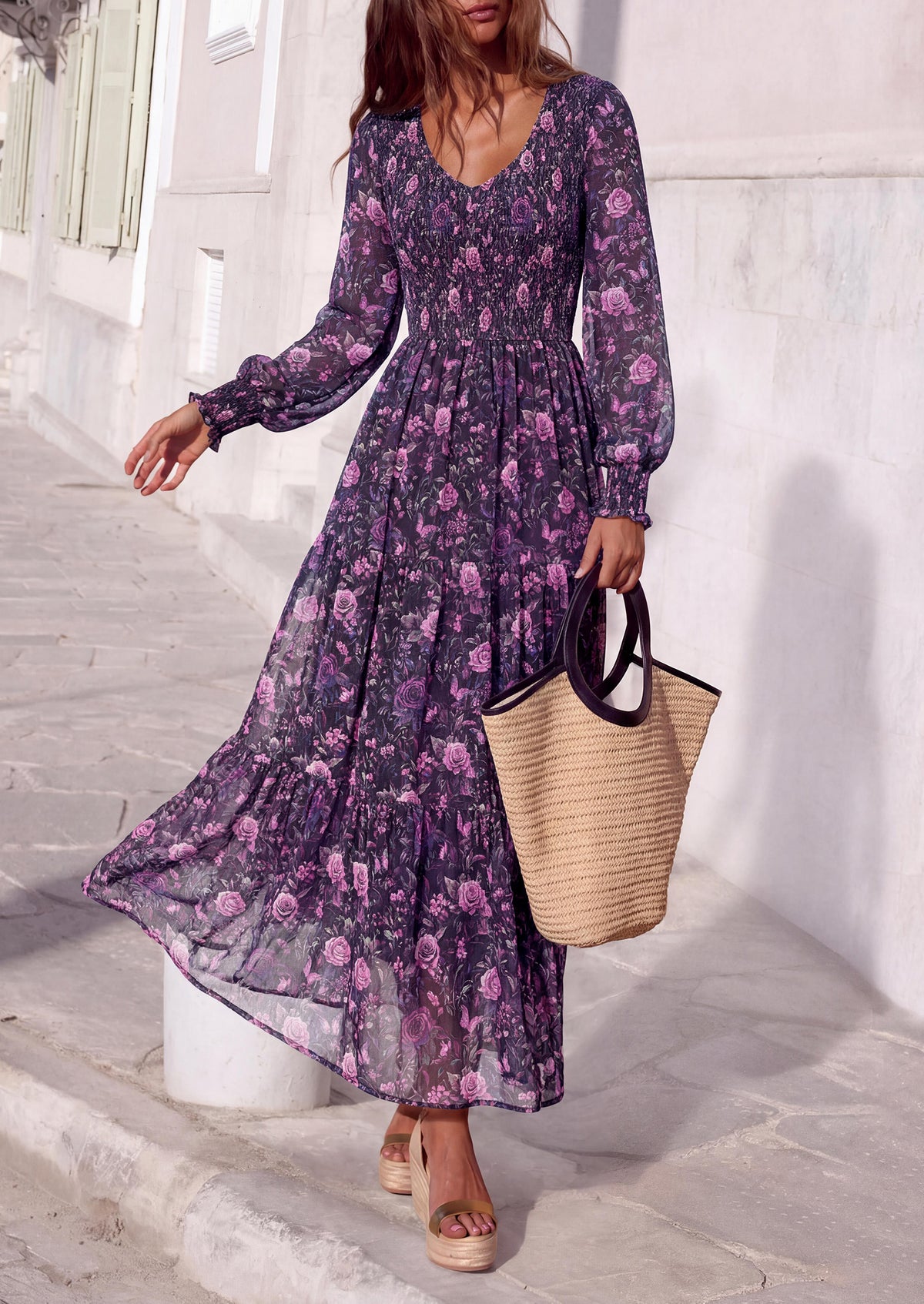 MASCOMODA Womens Flroal Long Sleeve Dress Boho A Line Fall Maxi Dresses Sheer Lantern Sleeve, Lined & Pockets, Smocked Front Back, High Waisted Flowy Long Dress, Tiered Fall Wedding Guest Dresses