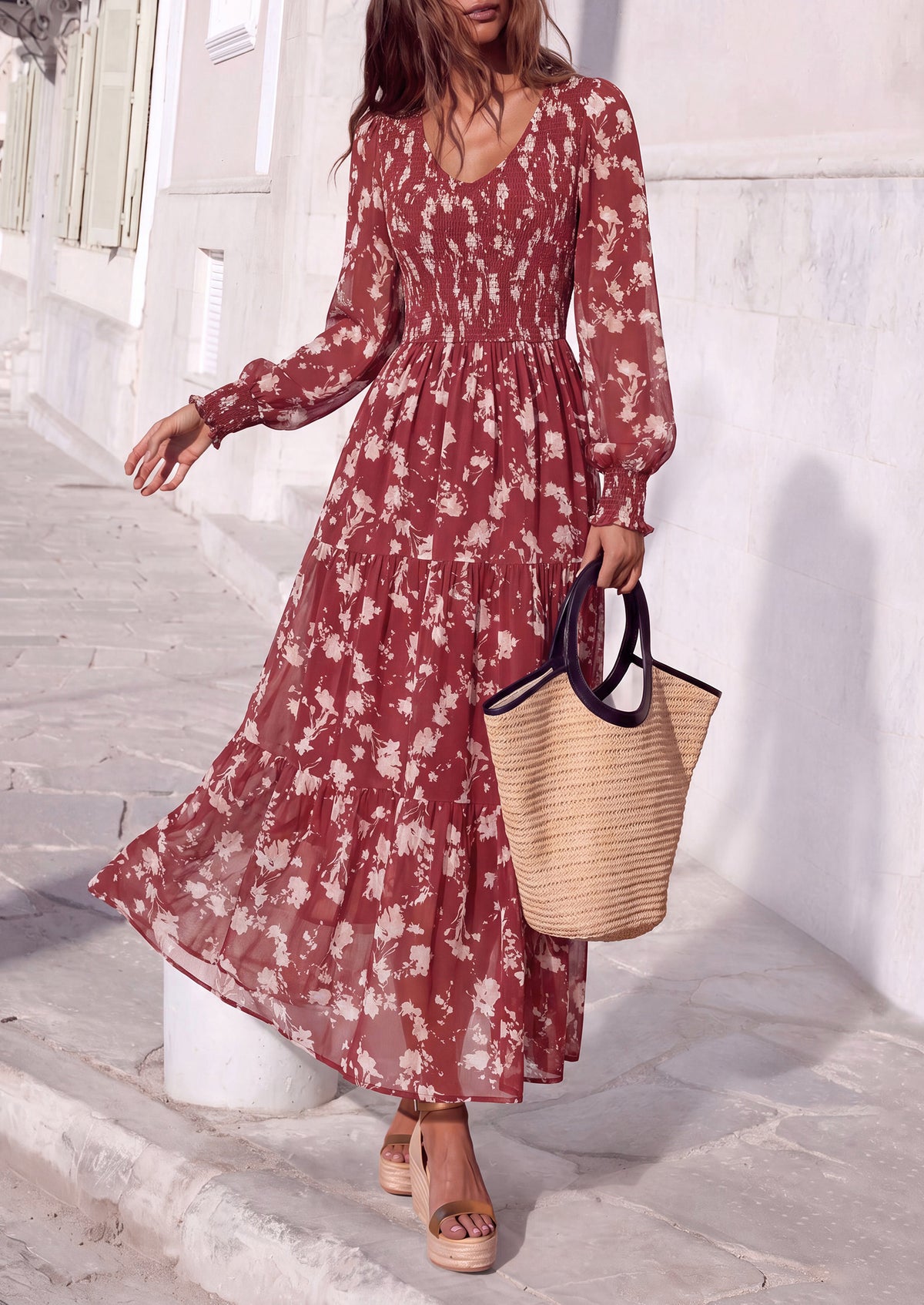 MASCOMODA Womens Flroal Long Sleeve Dress Boho A Line Fall Maxi Dresses Sheer Lantern Sleeve, Lined & Pockets, Smocked Front Back, High Waisted Flowy Long Dress, Tiered Fall Wedding Guest Dresses