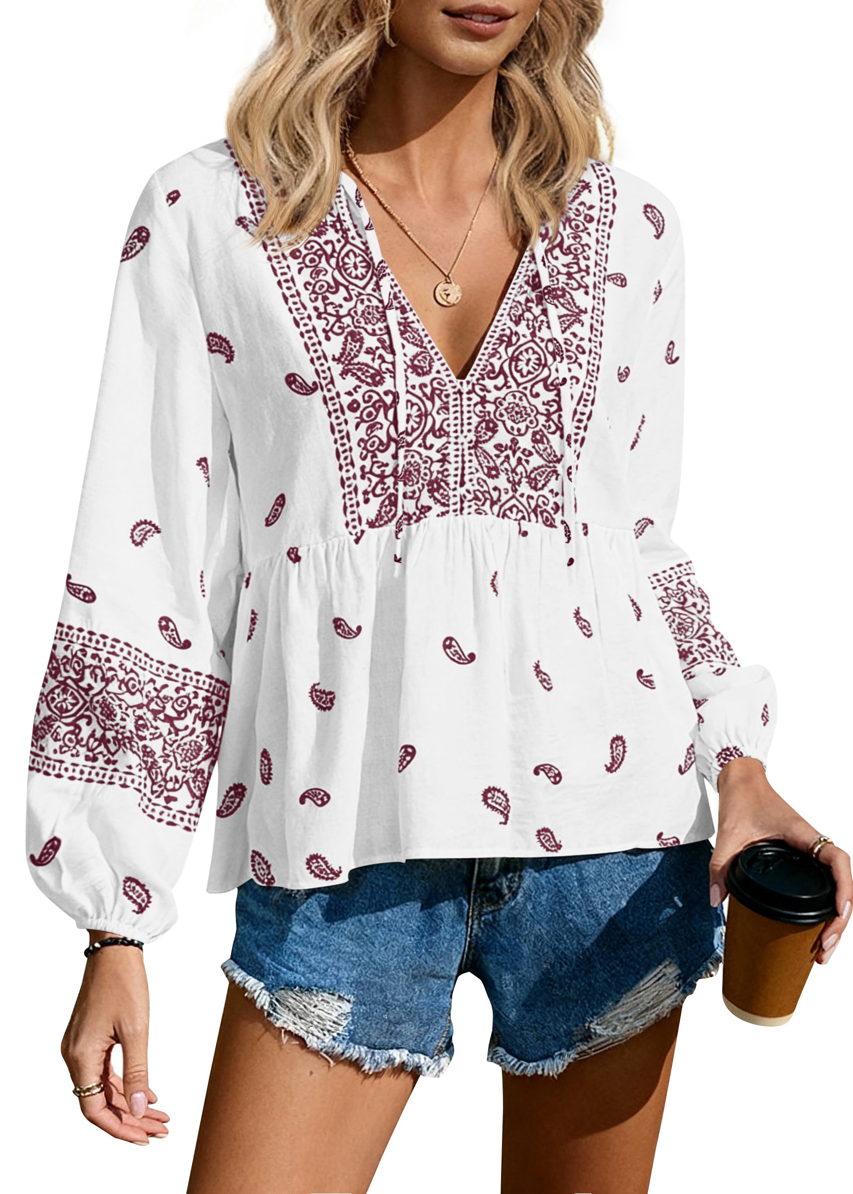 MASCOMODA Womens Ruffle V Neck Boho Tops Casual Puff Long Sleeve Babydoll Top Tie Front Flowy Loose Summer Blouses