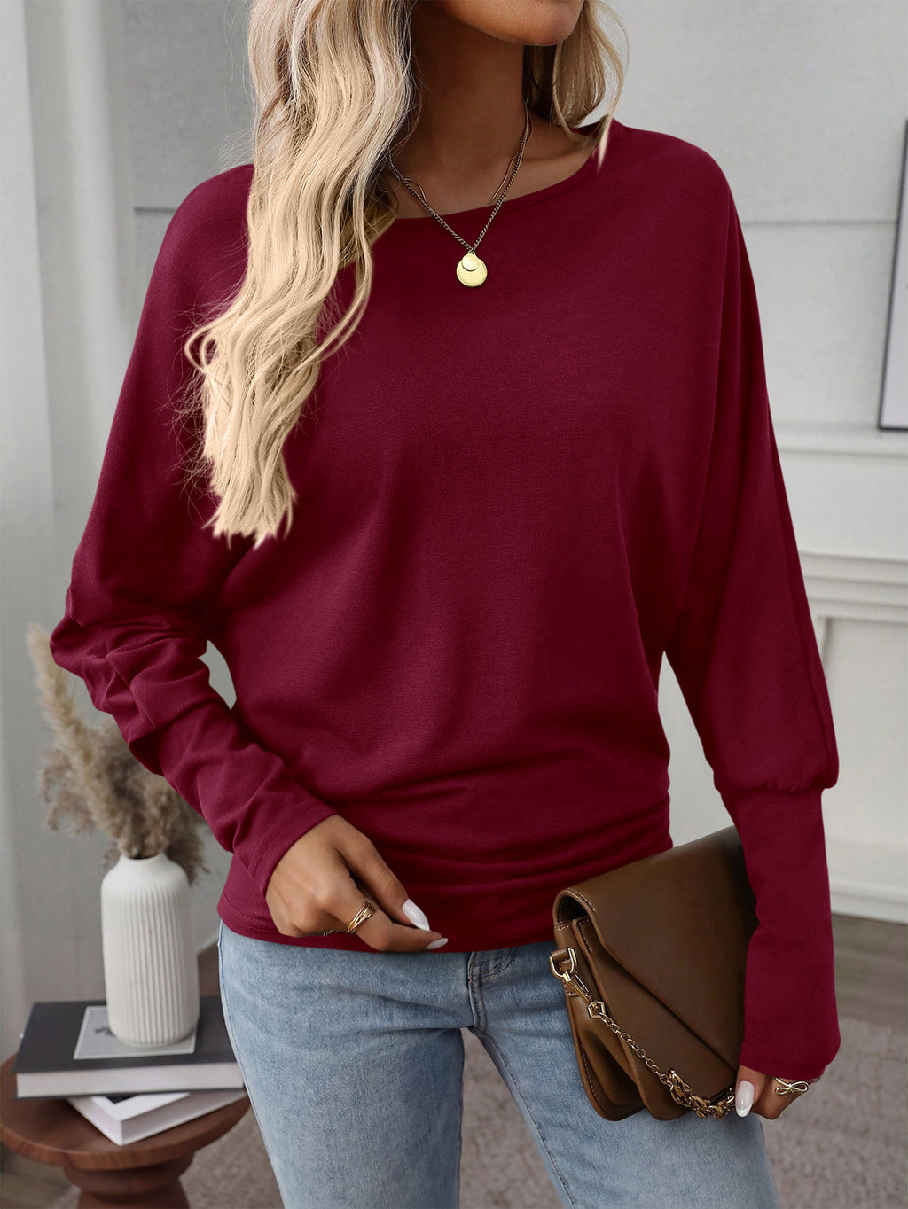 MASCOMODA Womens Elegant Dolman Long Sleeve Batwing Tops Draped | Cinched Waist Tee Shirts, Soft Boat Neck Blouse Dressy Casual, Flowy Lightweight T-Shirt, Fashion Spring & Fall Outfits 2026