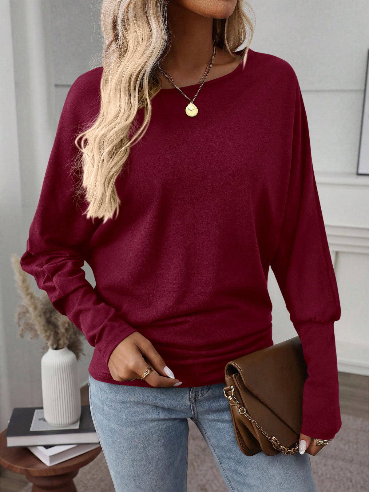 MASCOMODA Womens Elegant Dolman Long Sleeve Batwing Tops Draped | Cinched Waist Tee Shirts, Soft Boat Neck Blouse Dressy Casual, Flowy Lightweight T-Shirt, Fashion Spring & Fall Outfits 2026
