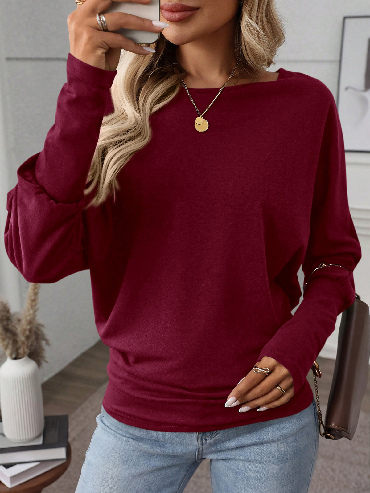 MASCOMODA Womens Elegant Dolman Long Sleeve Batwing Tops Draped | Cinched Waist Tee Shirts, Soft Boat Neck Blouse Dressy Casual, Flowy Lightweight T-Shirt, Fashion Spring & Fall Outfits 2026