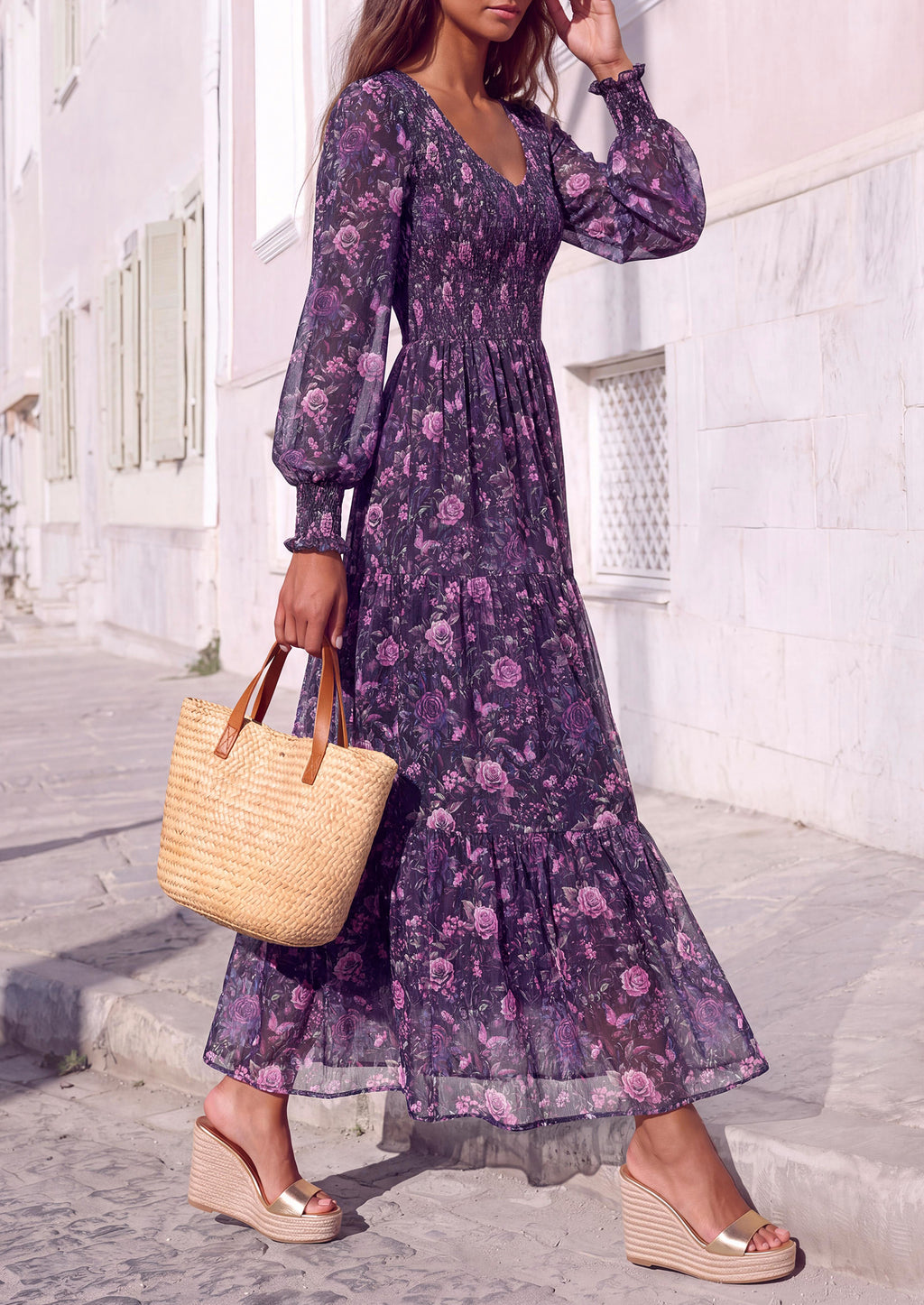 MASCOMODA Womens Flroal Long Sleeve Dress Boho A Line Fall Maxi Dresses Sheer Lantern Sleeve, Lined & Pockets, Smocked Front Back, High Waisted Flowy Long Dress, Tiered Fall Wedding Guest Dresses
