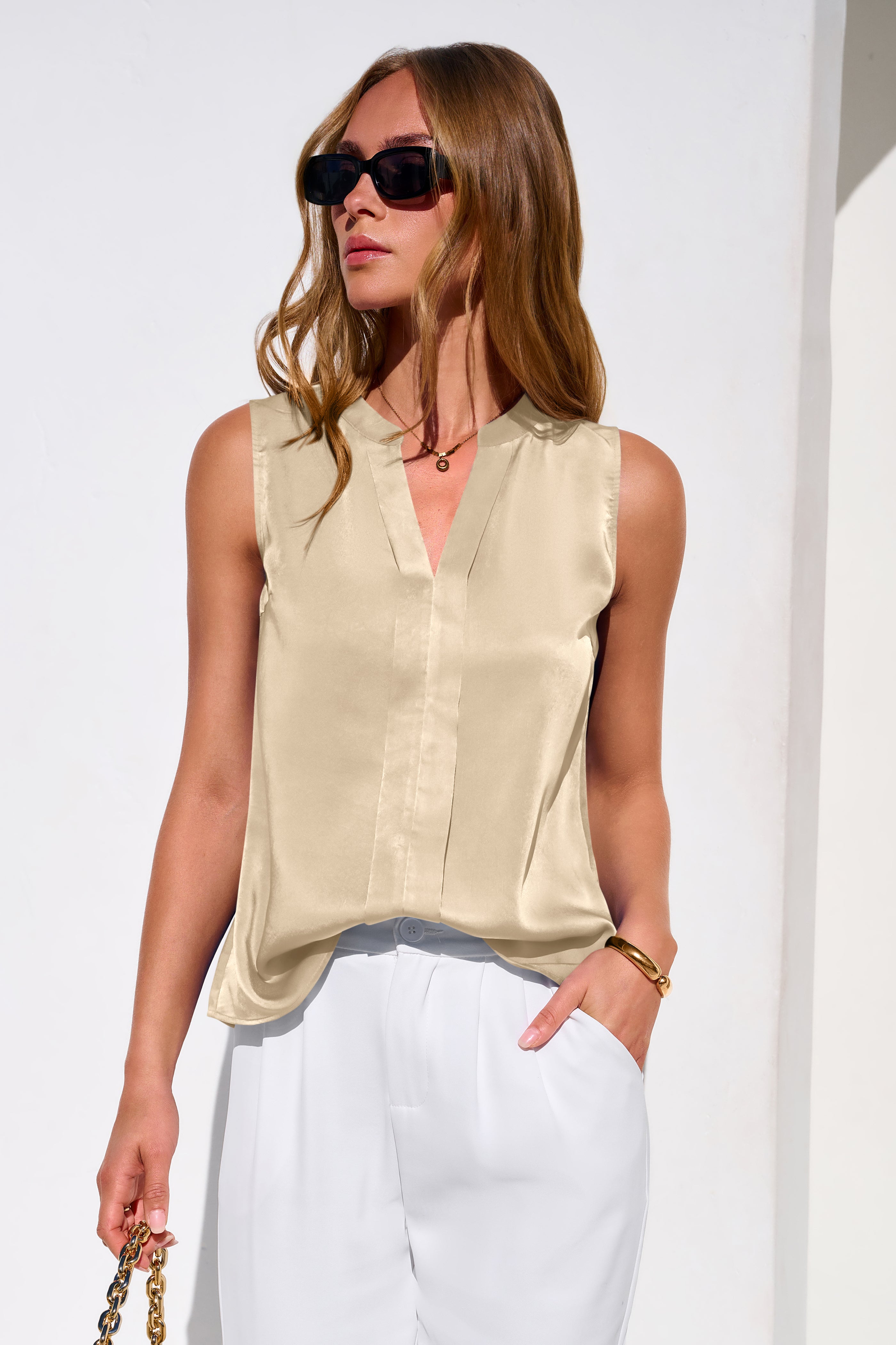 MASCOMODA Women's Satin V Neck Tank Tops Dressy Spring Summer 2026 Silk Sleeveless Blouse Work Shirts Business Casual Outfits