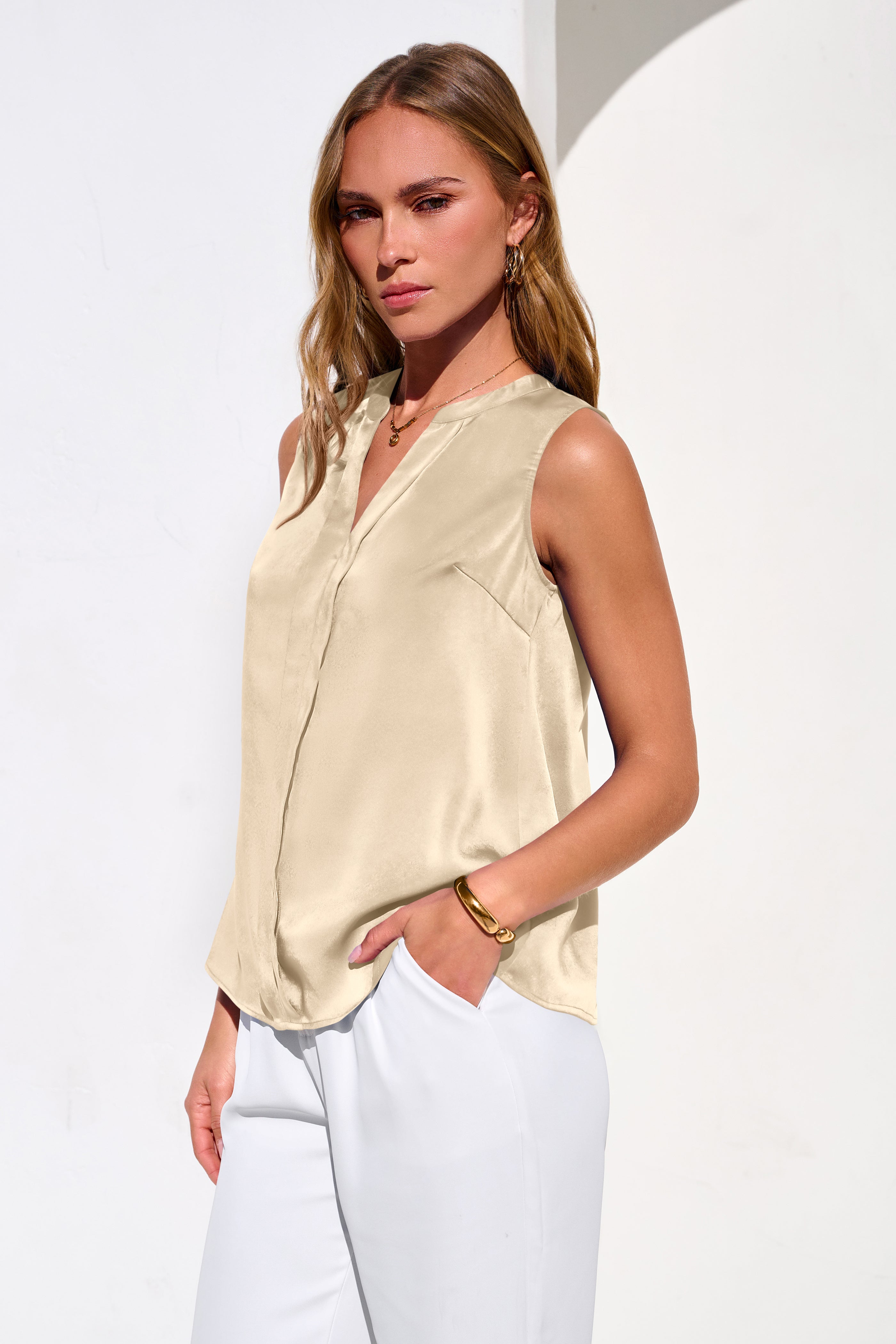 MASCOMODA Women's Satin V Neck Tank Tops Dressy Spring Summer 2026 Silk Sleeveless Blouse Work Shirts Business Casual Outfits