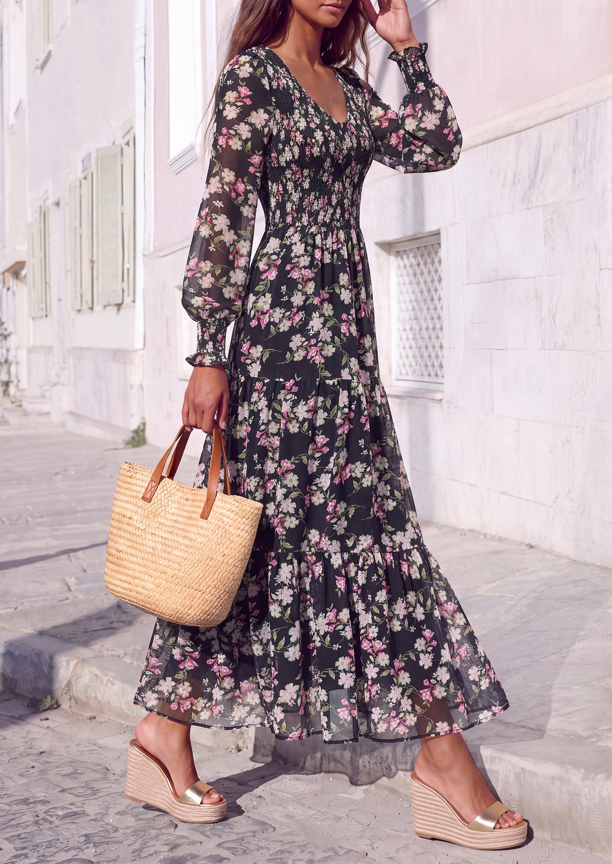 MASCOMODA Womens Flroal Long Sleeve Dress Boho A Line Fall Maxi Dresses Sheer Lantern Sleeve, Lined & Pockets, Smocked Front Back, High Waisted Flowy Long Dress, Tiered Fall Wedding Guest Dresses