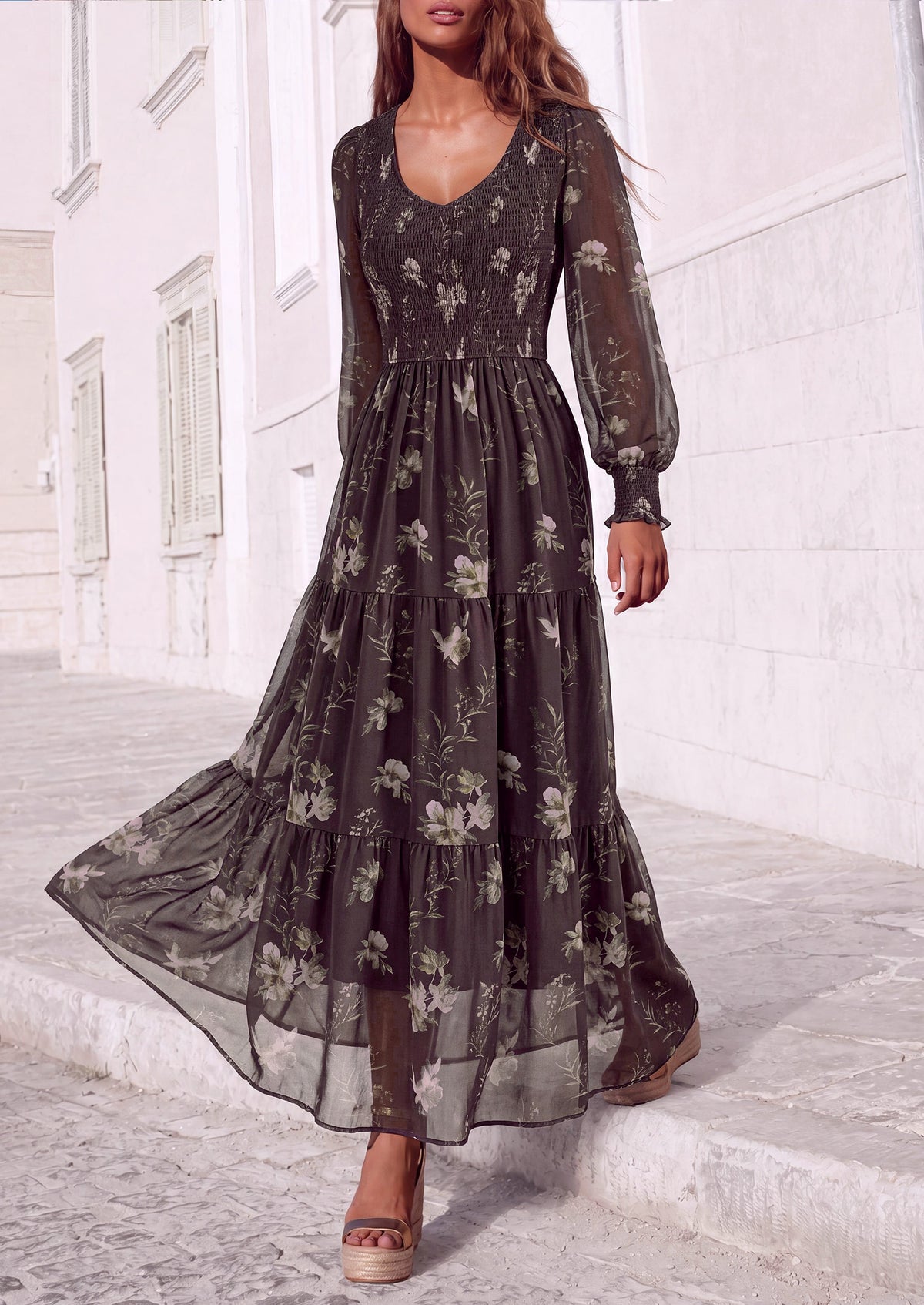 MASCOMODA Womens Flroal Long Sleeve Dress Boho A Line Fall Maxi Dresses Sheer Lantern Sleeve, Lined & Pockets, Smocked Front Back, High Waisted Flowy Long Dress, Tiered Fall Wedding Guest Dresses