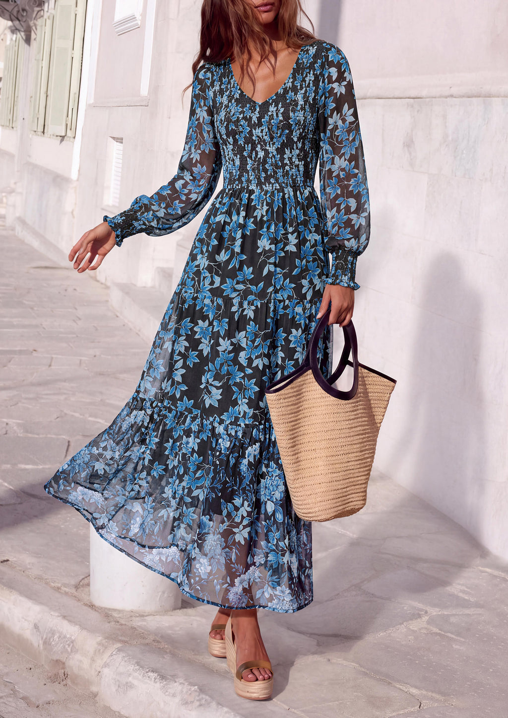 MASCOMODA Womens Flroal Long Sleeve Dress Boho A Line Fall Maxi Dresses Sheer Lantern Sleeve, Lined & Pockets, Smocked Front Back, High Waisted Flowy Long Dress, Tiered Fall Wedding Guest Dresses