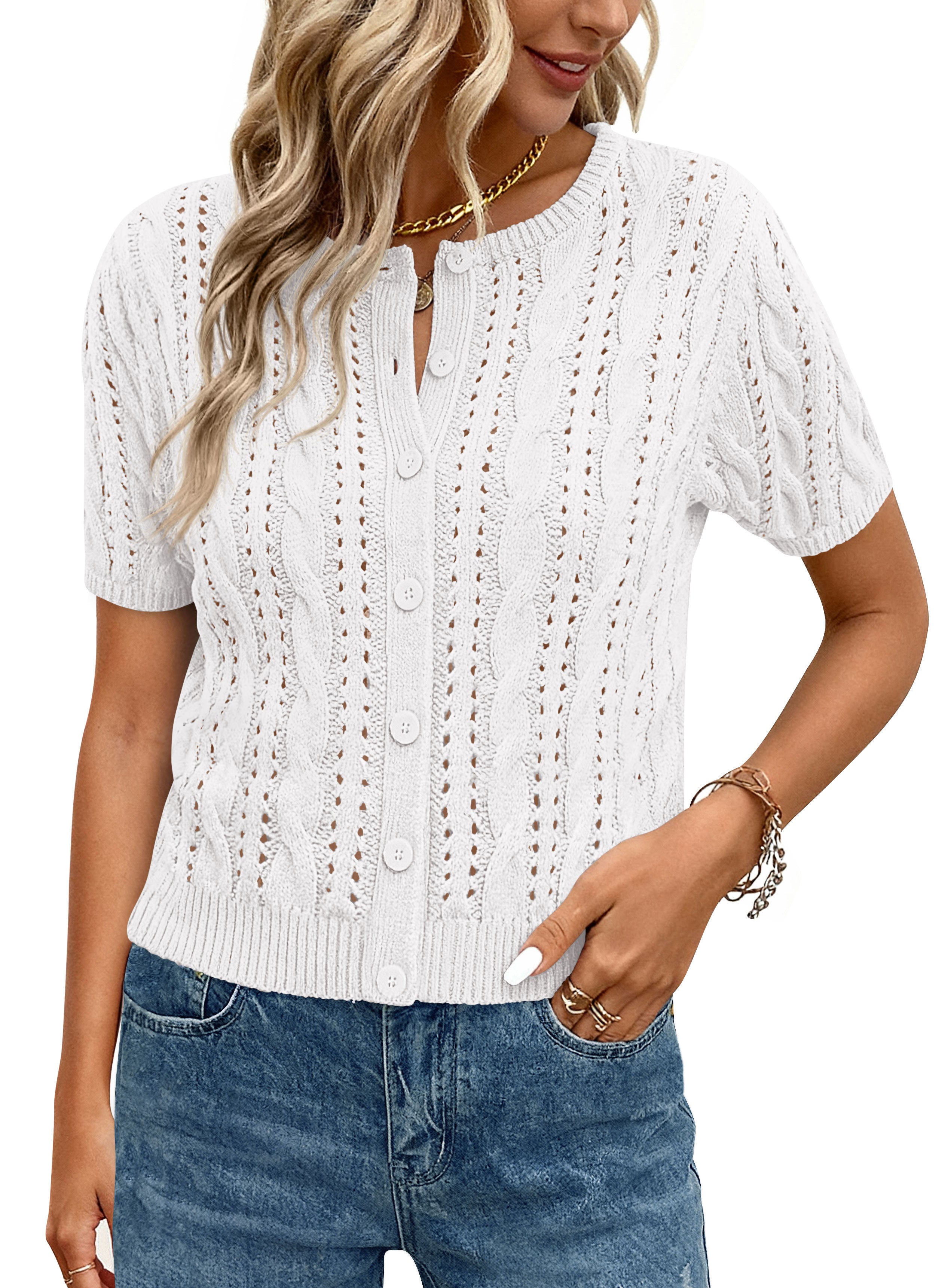 MASCOMODA Womens Crochet Button Cardigan Sweaters Short Sleeve Knit Sweater Vest Hollow Out Shrug Summer Fashion Clothing