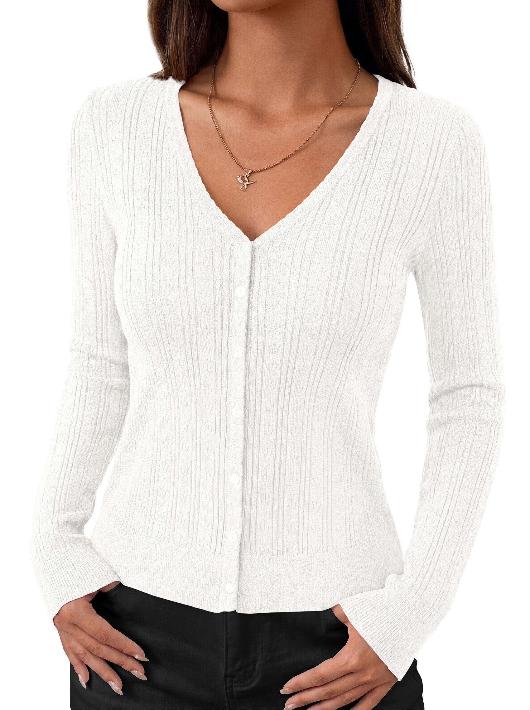 MASCOMODA Women Lightweight Long Sleeve Cardigan Sweaters Button Down V Neck Ribbed Open Front Cardigans Knit Fall Outfits
