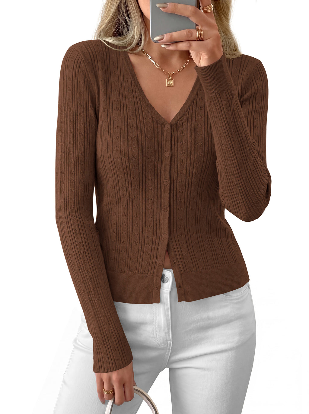 MASCOMODA Women Lightweight Long Sleeve Cardigan Sweaters Button Down V Neck Ribbed Open Front Cardigans Knit Fall Outfits